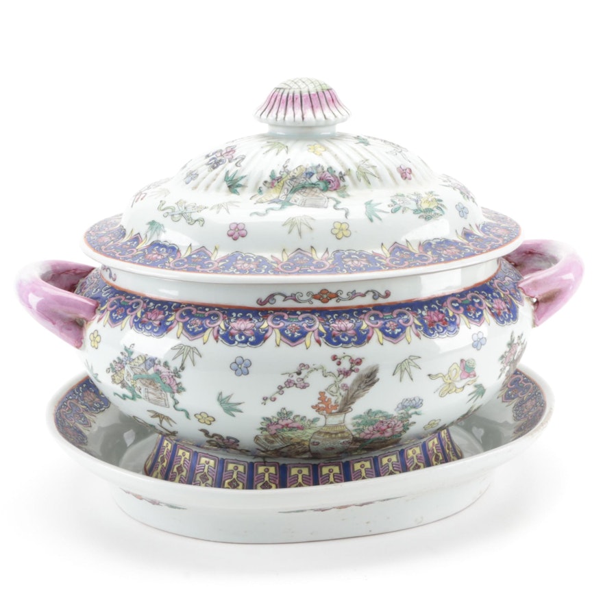 Chinese Export Style Enameled Porcelain Tureen and Underplate