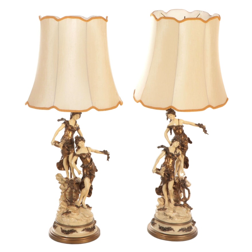 Art Nouveau Style Painted Spelter Figural Table Lamps, Mid-20th Century