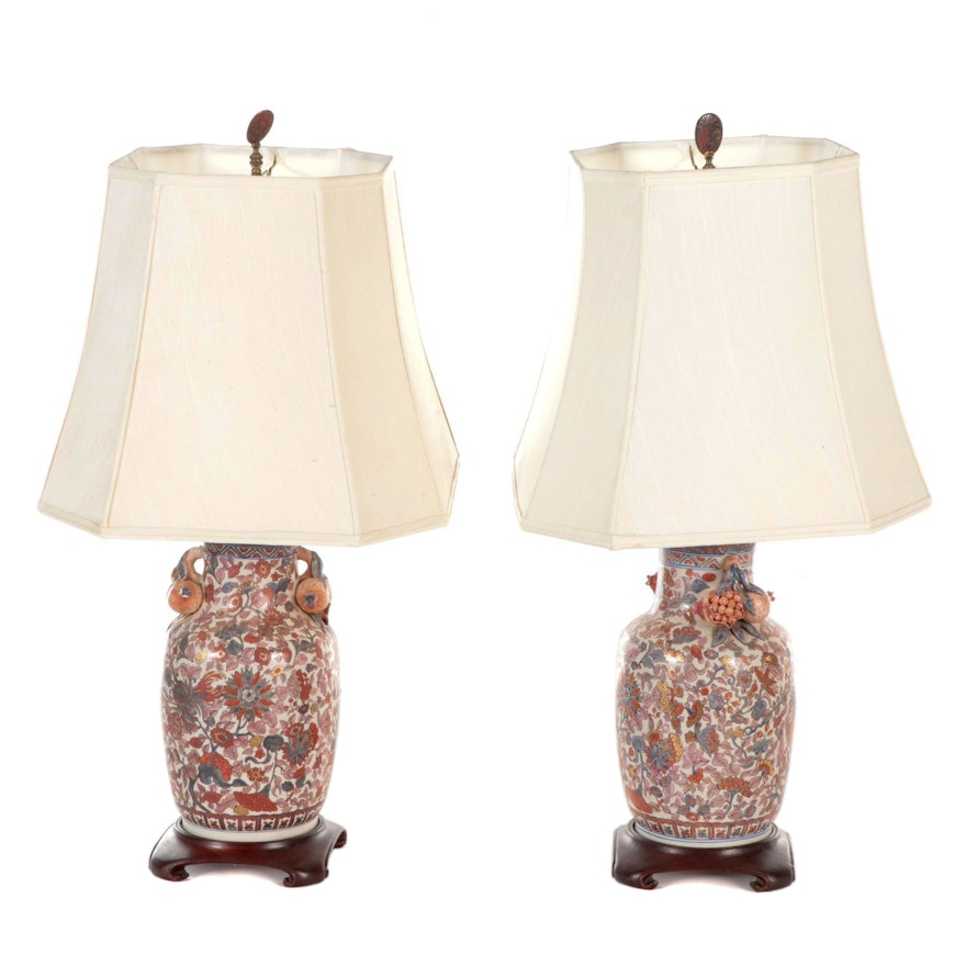 Chinese Hand-Painted Bangchuping Vase Table Lamps with Jasper Finals