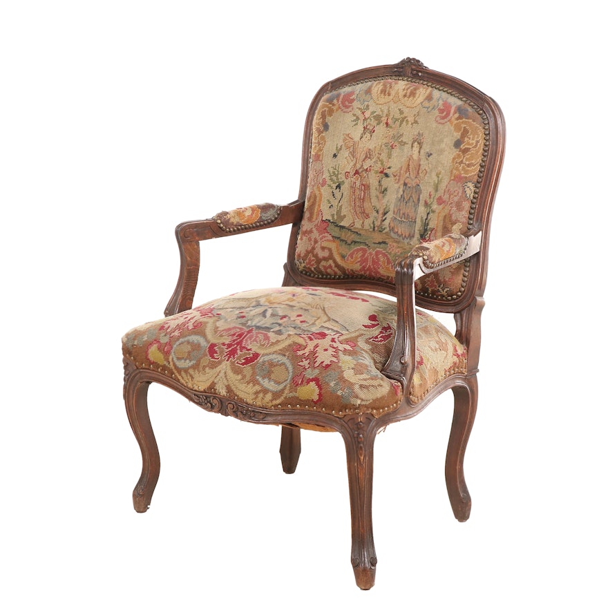 Louis XV Style Carved Beech Fauteil with Needlepoint