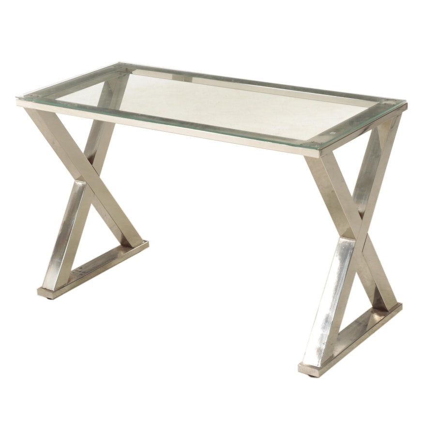 Chrome and Glass Sawbuck Console Table