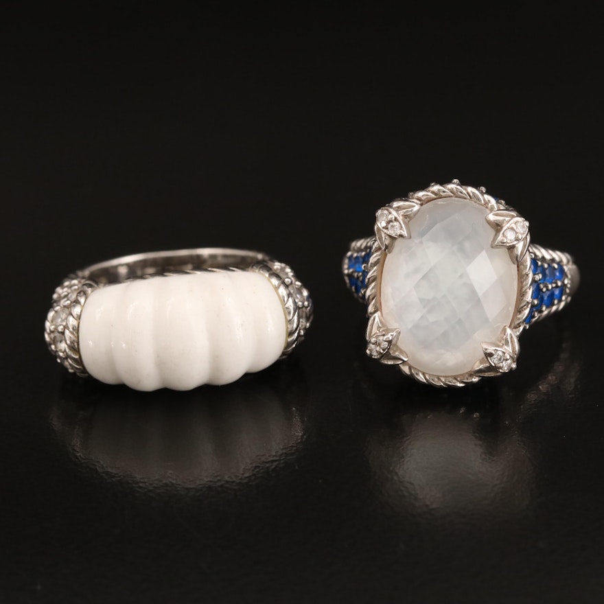 Judith Ripka Sterling Rings Including Mother of Pearl Quartz Doublet and Spinel