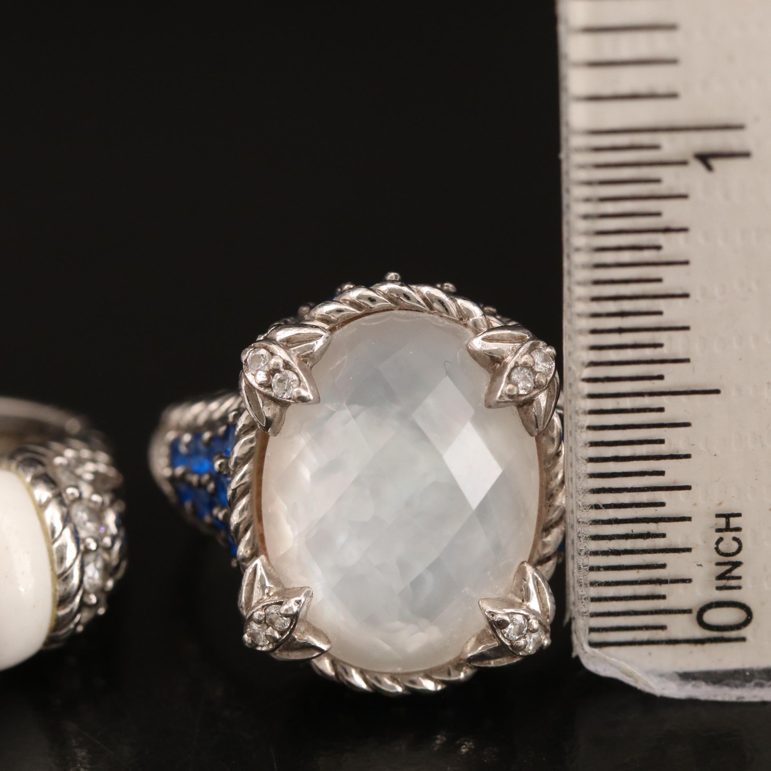Judith Ripka Sterling Rings Including Mother of Pearl Quartz Doublet and Spinel