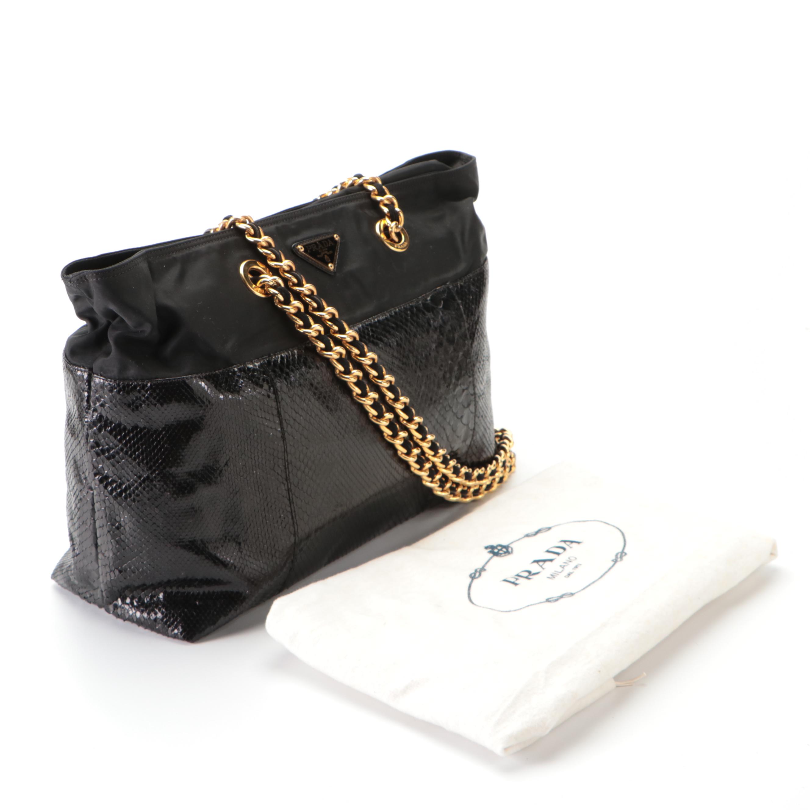 Prada Black Python Snakeskin and Nylon Shoulder Bag