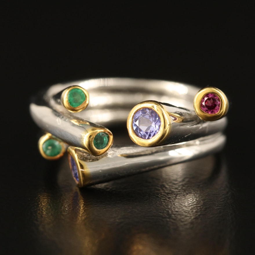 Contemporary Sterling Garnet, Tanzanite and Emerald Ring