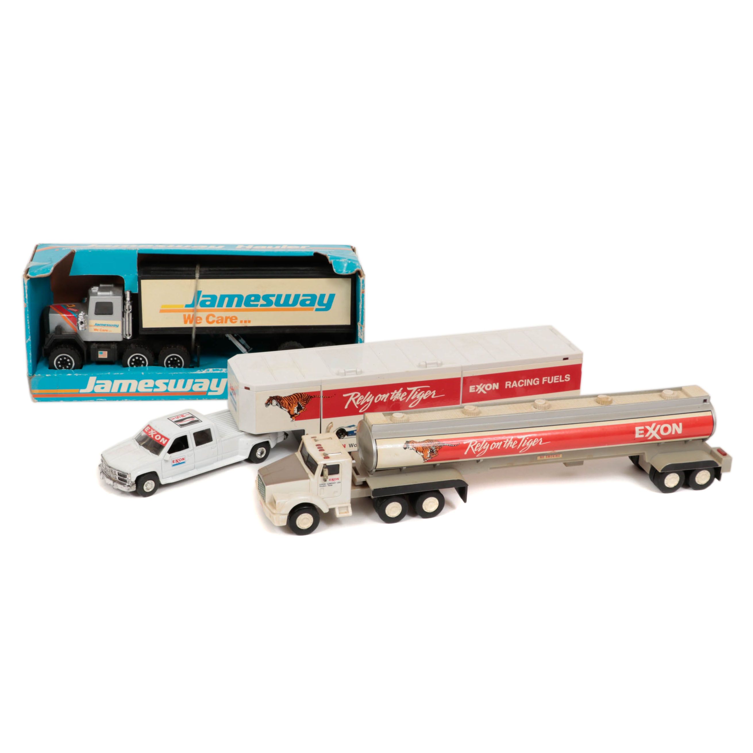 Exxon Tanker and Racing Trailer Trucks and Jamesway Moving Truck