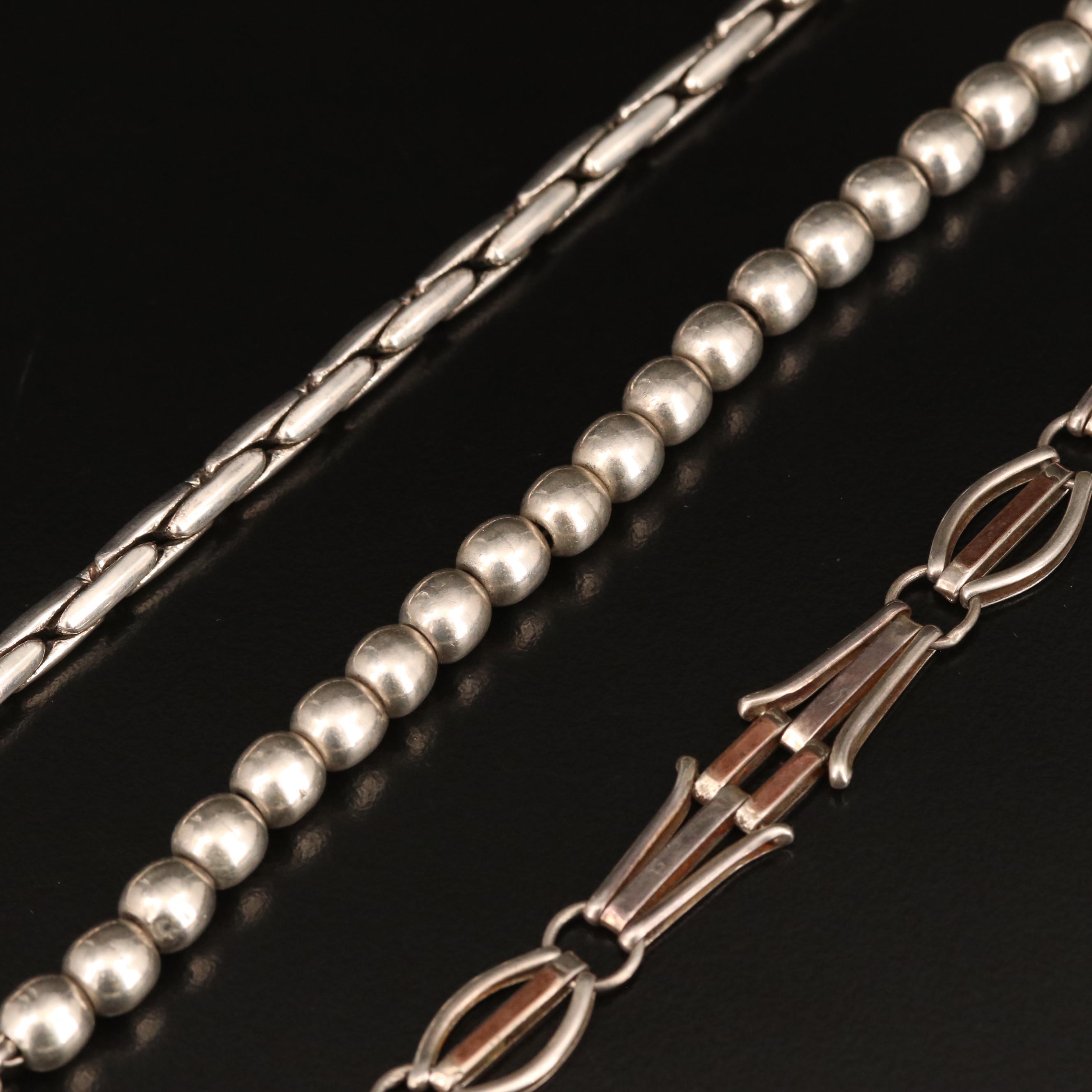 Bracelets Including Sterling Bead, 850 Silver Fancy Link and Boston