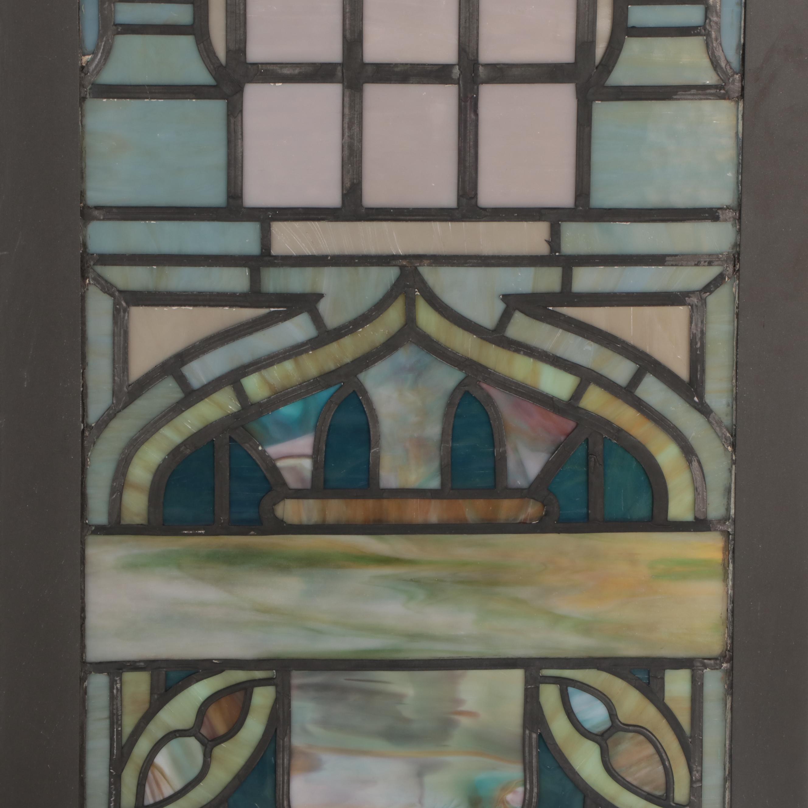 Art Nouveau Stained and Slag Glass Window Panels, Early 20th Century
