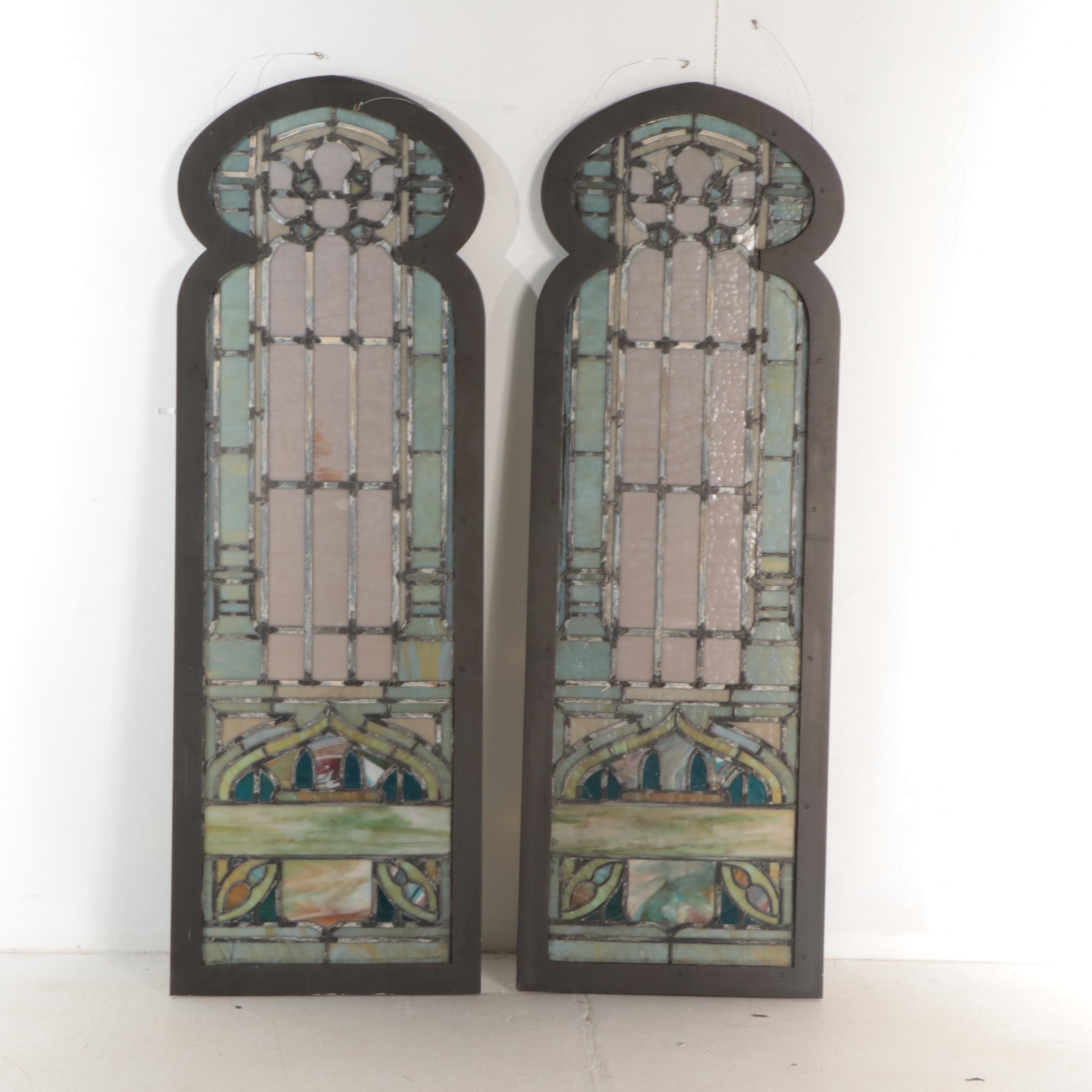 Art Nouveau Stained and Slag Glass Window Panels, Early 20th Century