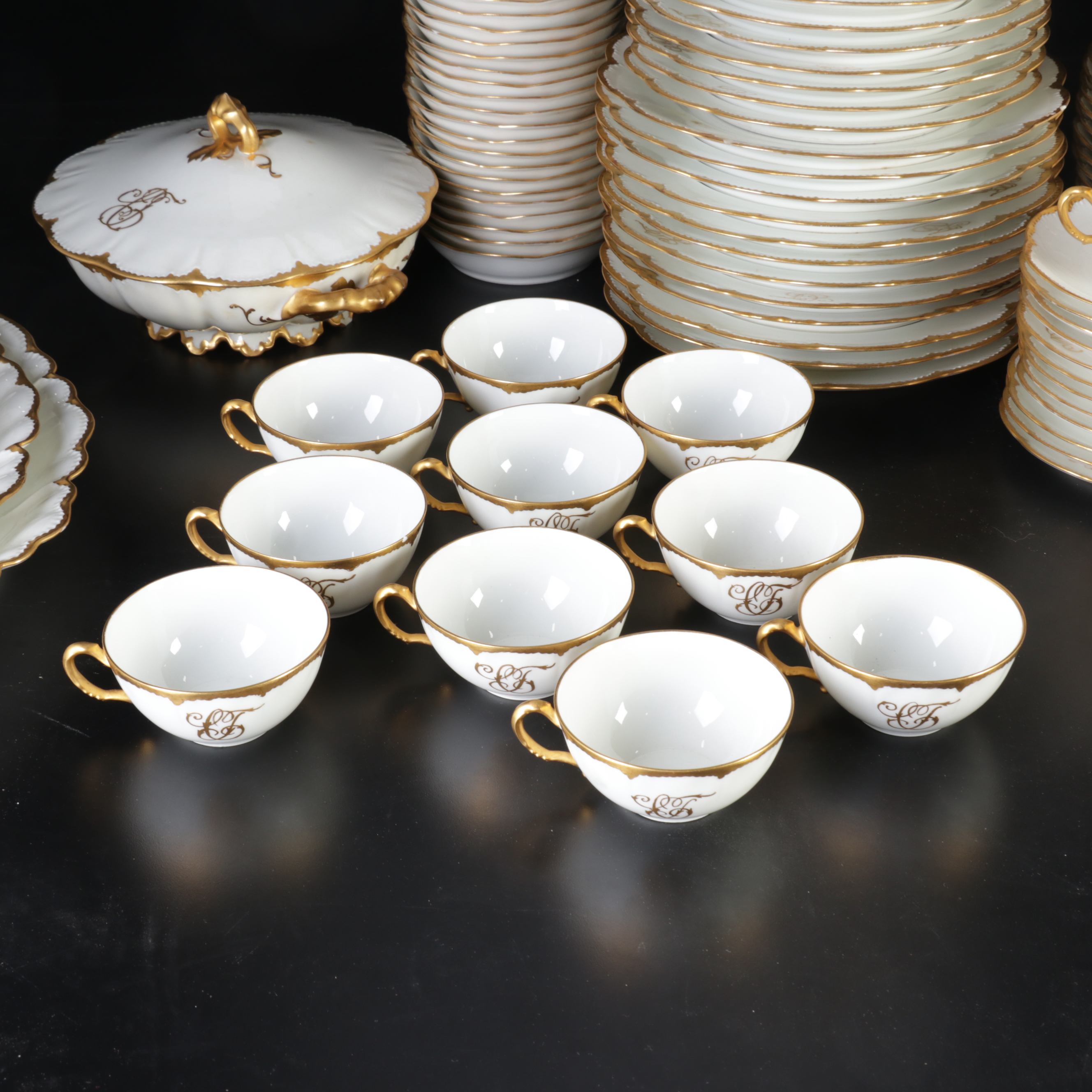 Haviland France Porcelain Gold Rimmed Monogrammed Tableware