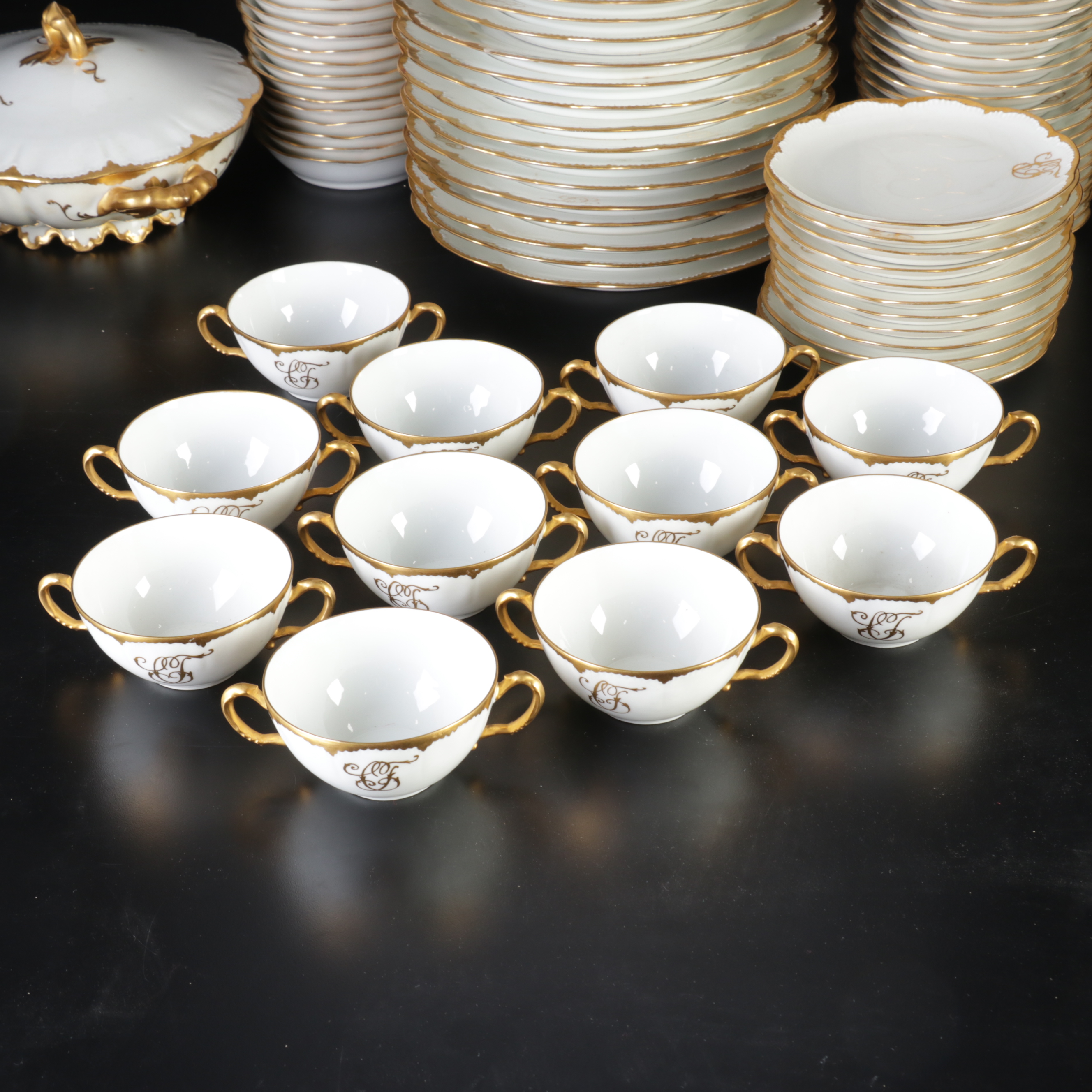 Haviland France Porcelain Gold Rimmed Monogrammed Tableware