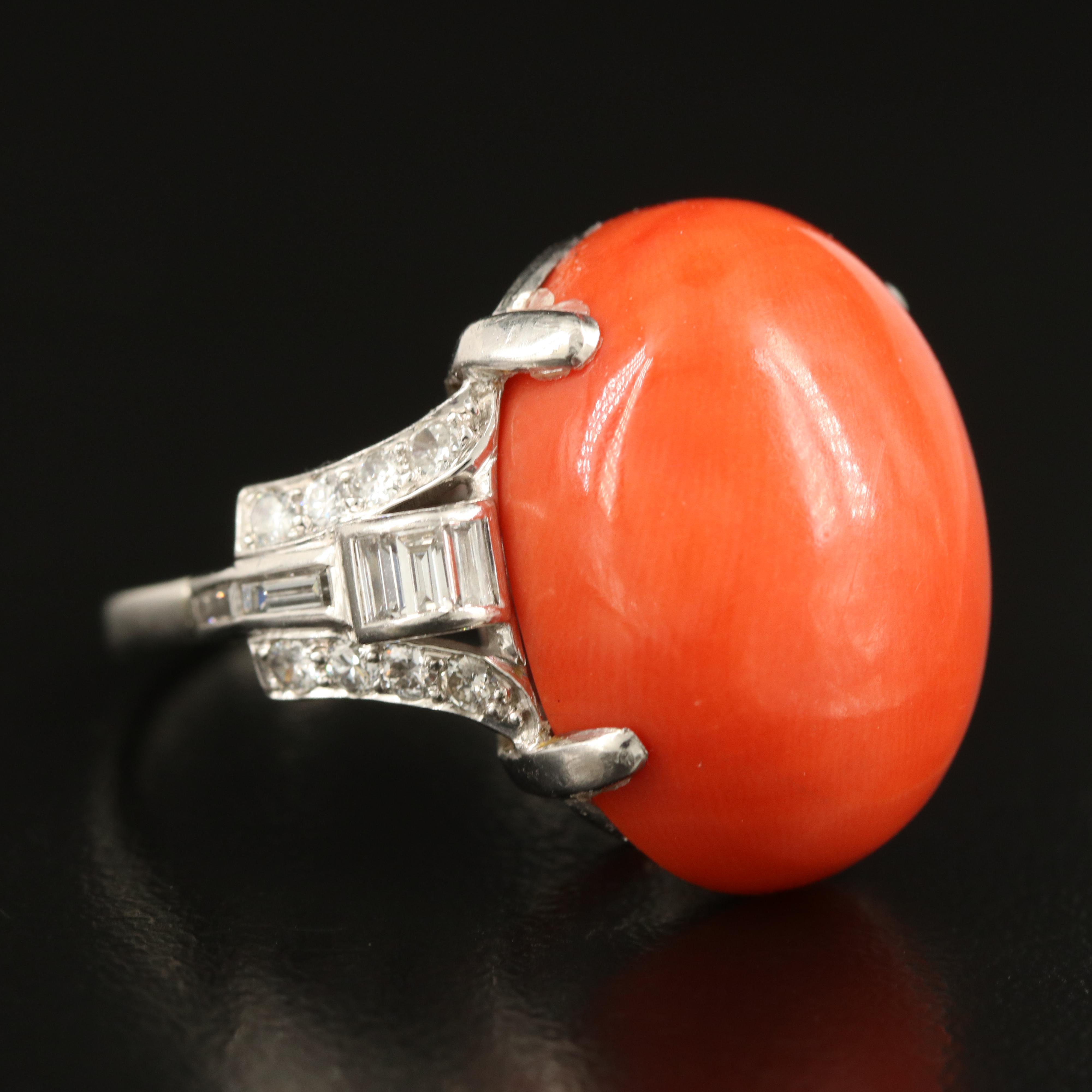 1950s Platinum Coral and Diamond Ring