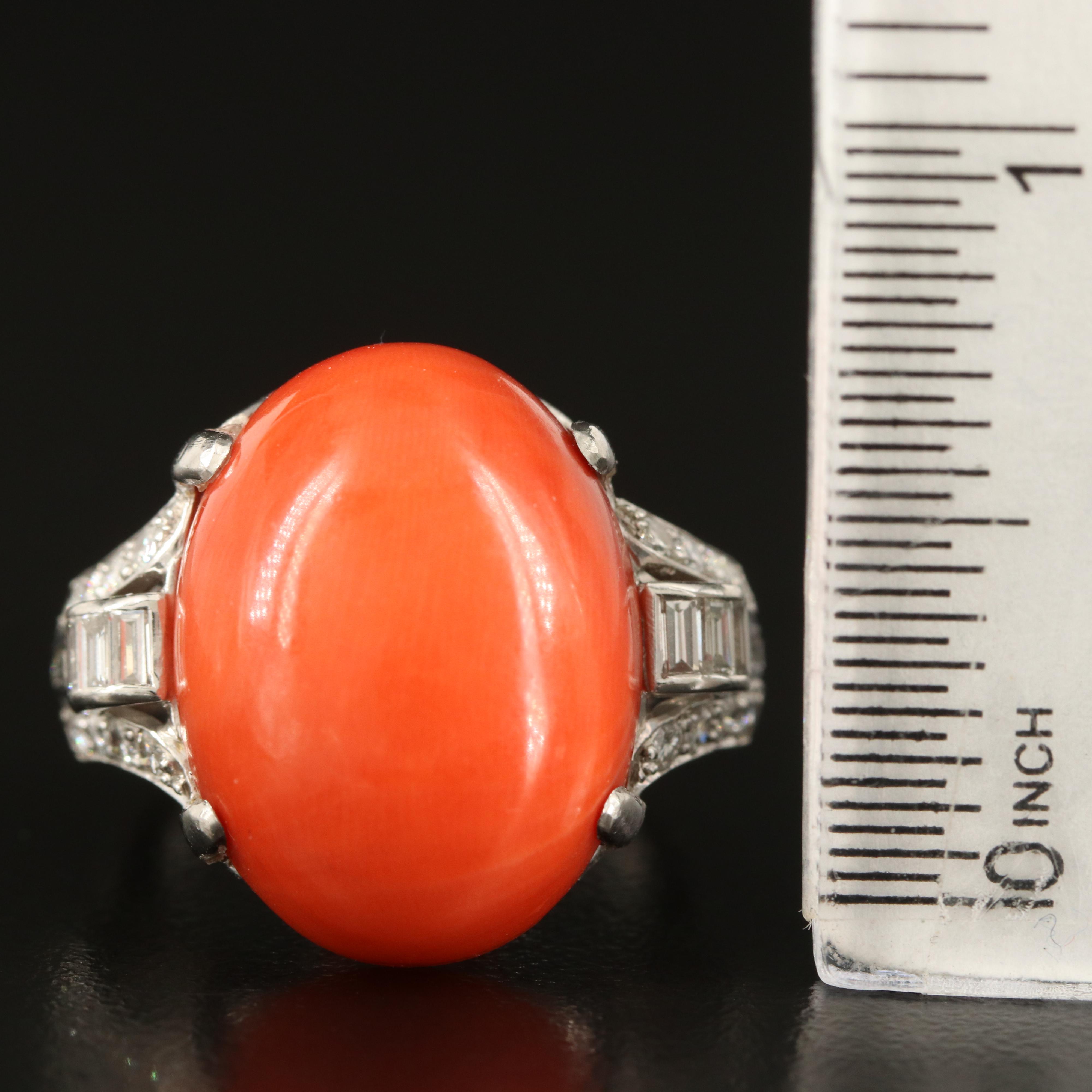 1950s Platinum Coral and Diamond Ring