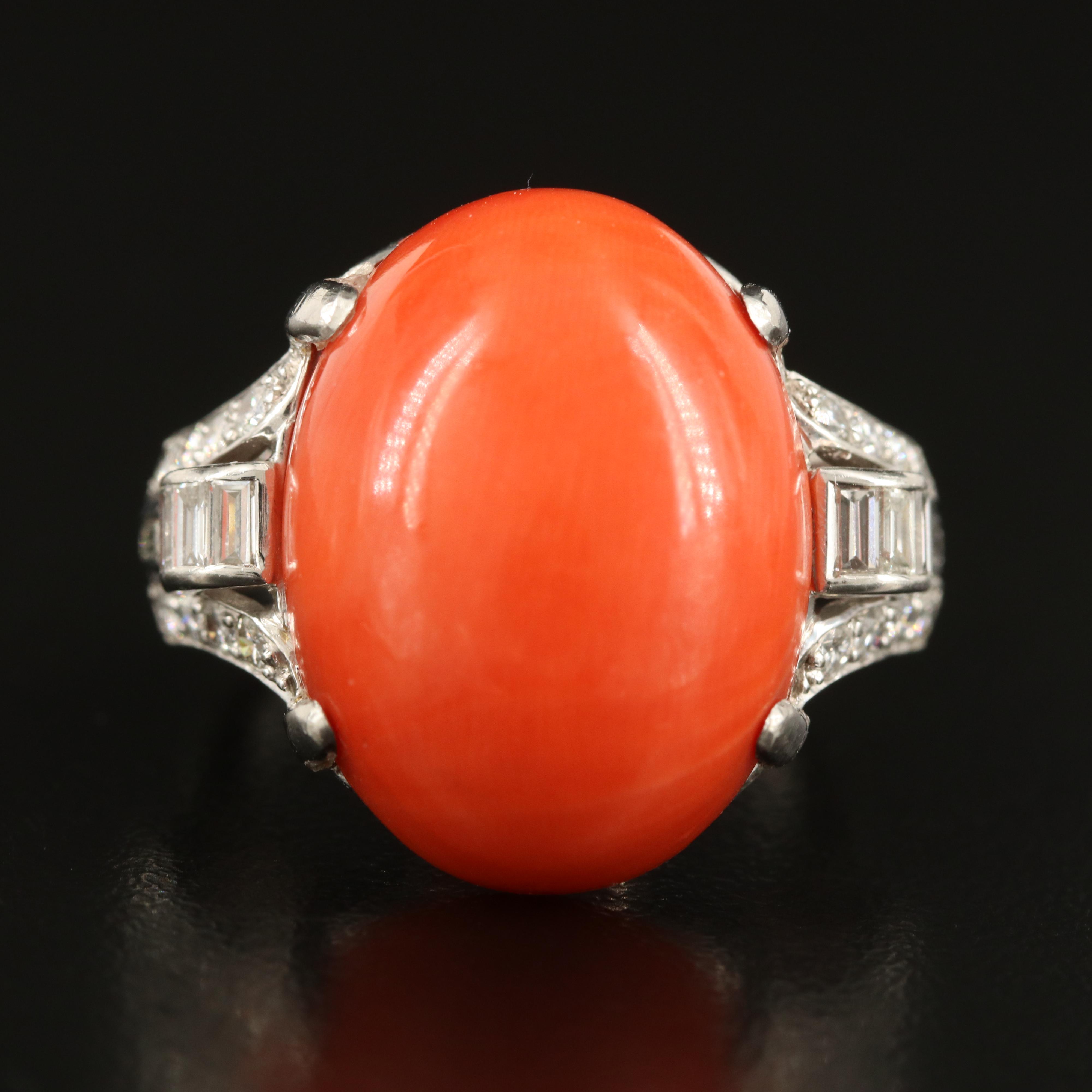 1950s Platinum Coral and Diamond Ring