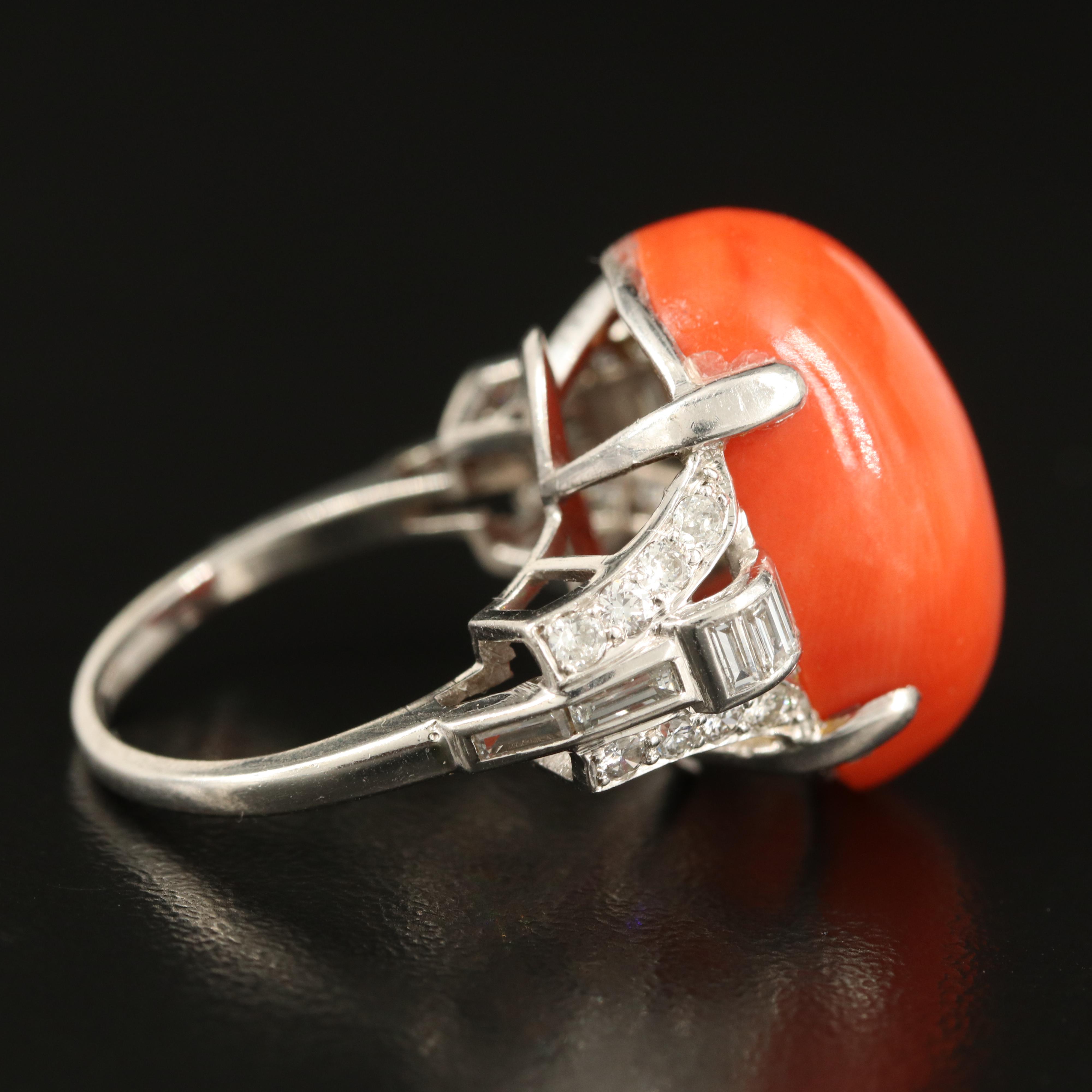 1950s Platinum Coral and Diamond Ring