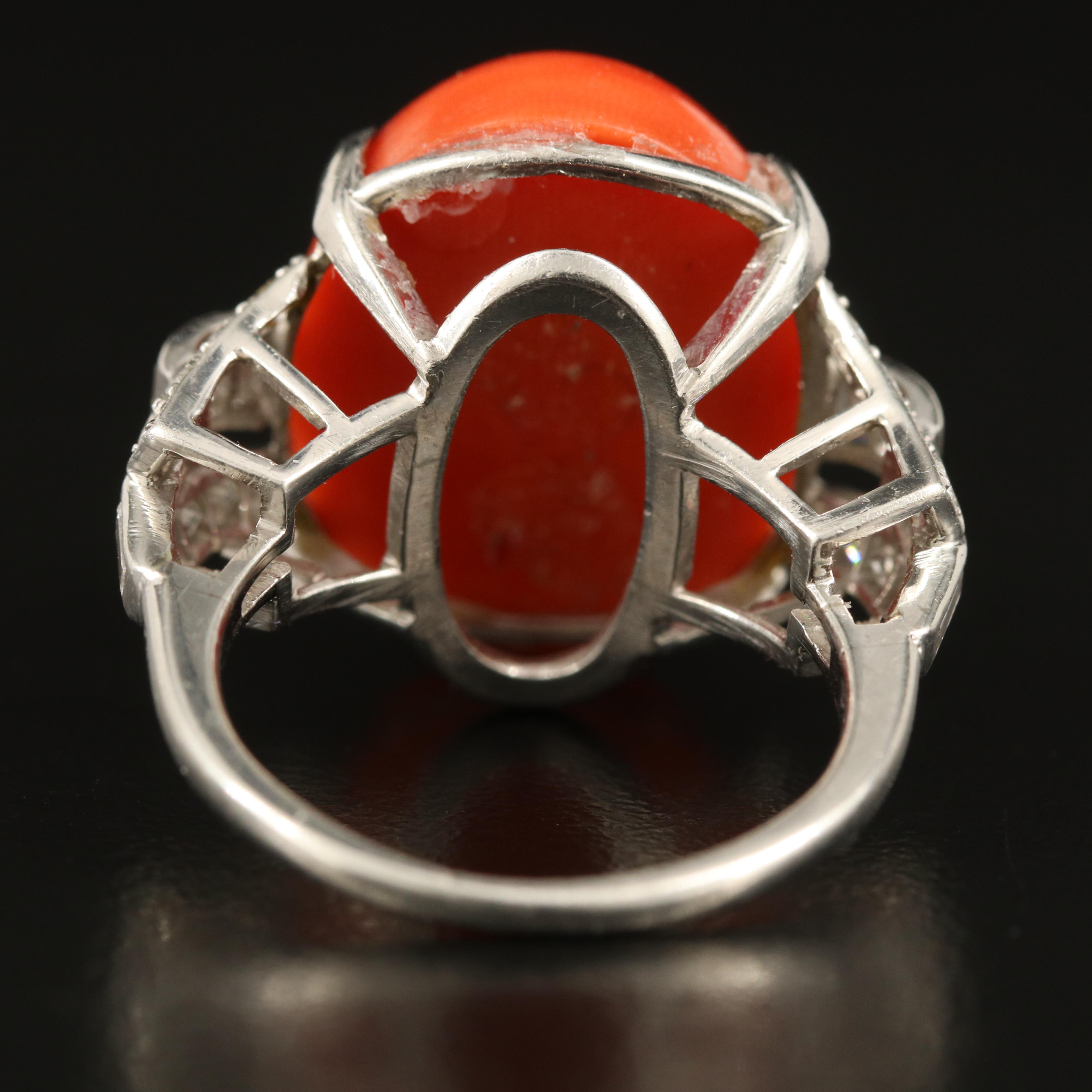 1950s Platinum Coral and Diamond Ring