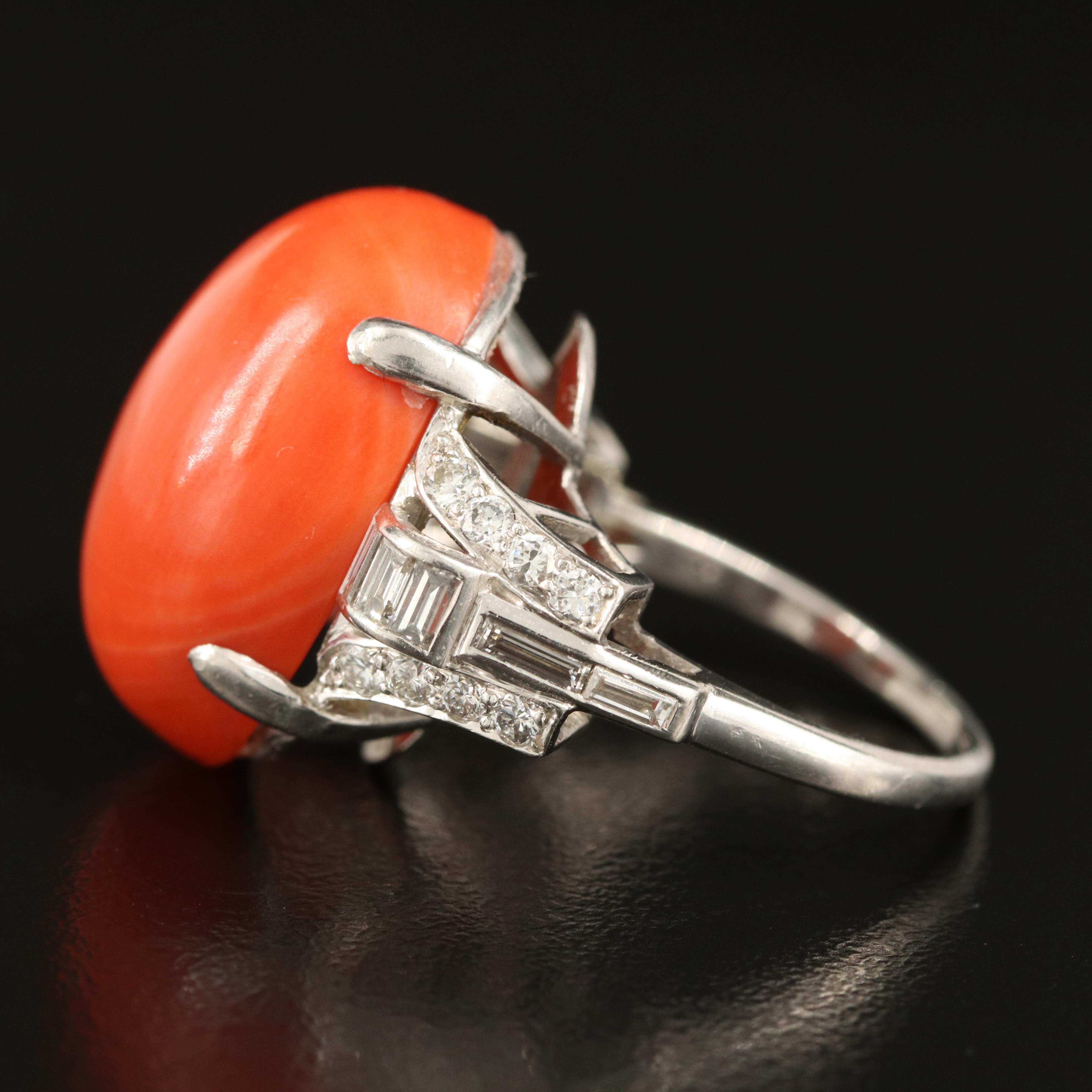 1950s Platinum Coral and Diamond Ring