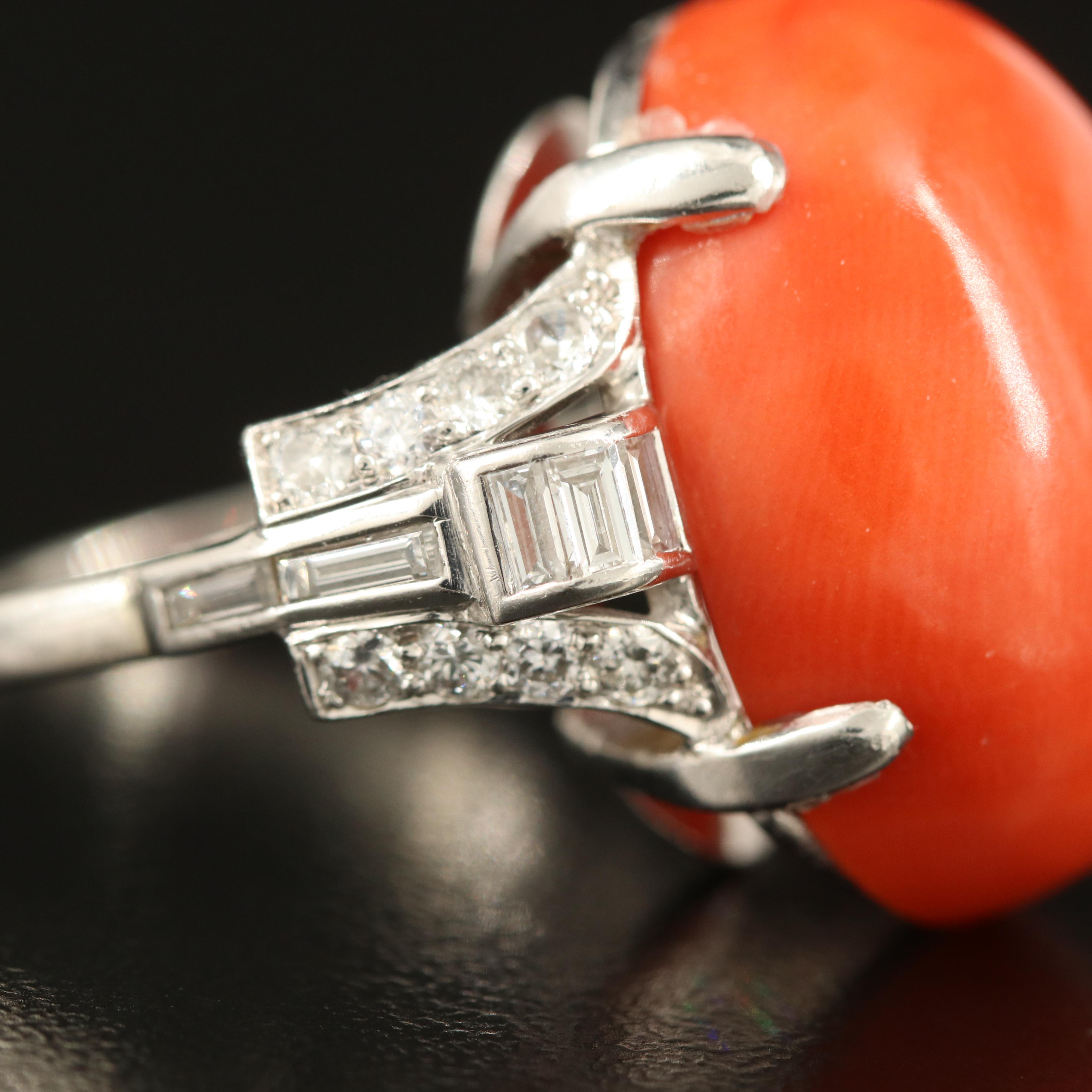 1950s Platinum Coral and Diamond Ring