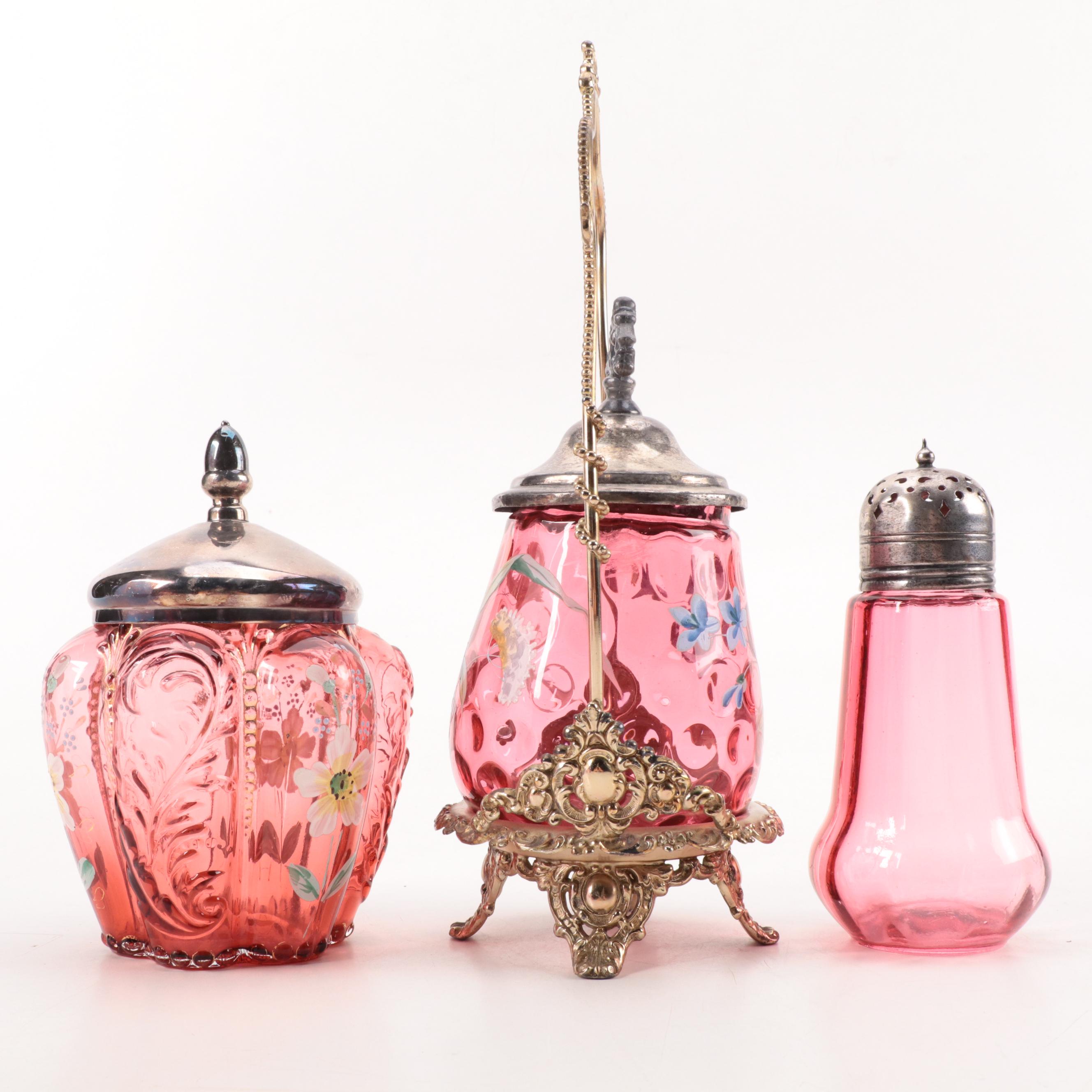 Victorian Hand-Painted Cranberry Glass Pickle Castor and Other Tableware