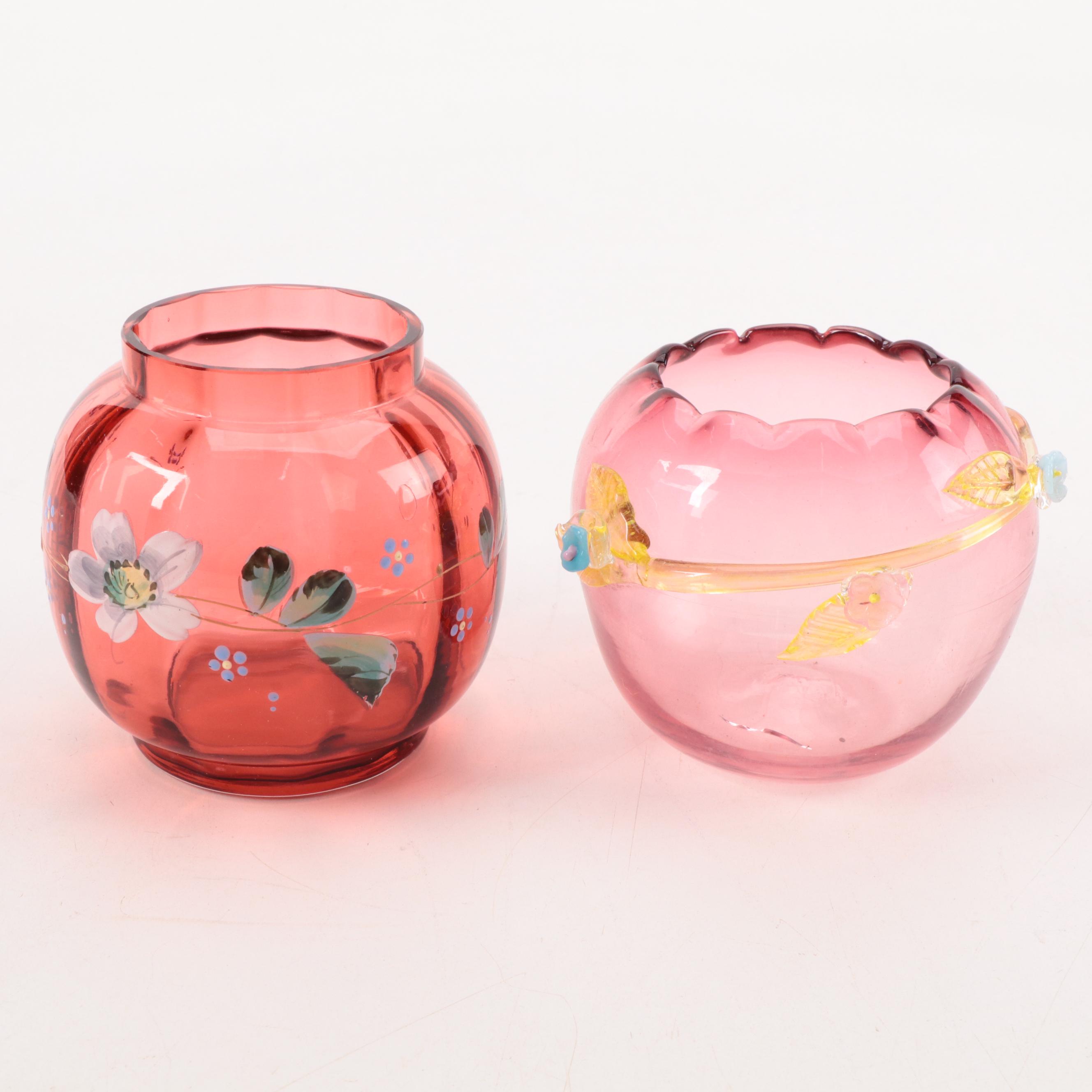 Victorian Hand-Painted Cranberry Glass Pickle Castor and Other Tableware