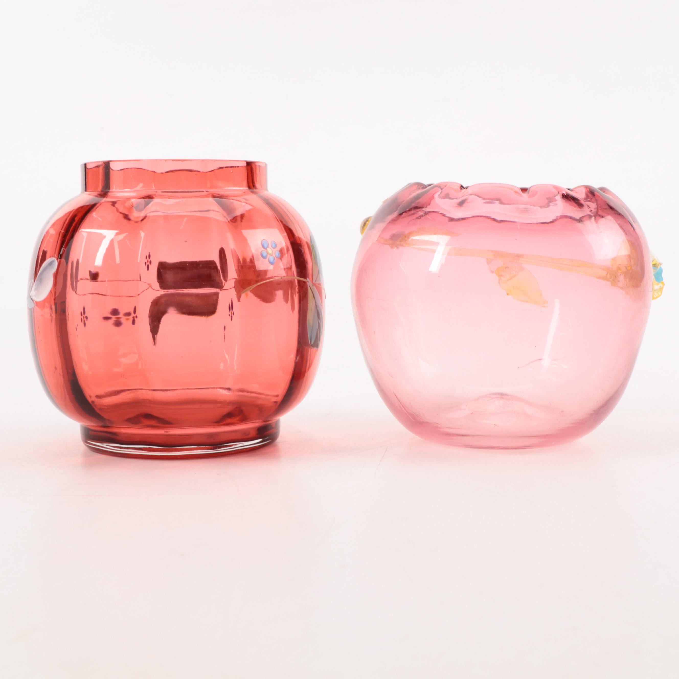 Victorian Hand-Painted Cranberry Glass Pickle Castor and Other Tableware