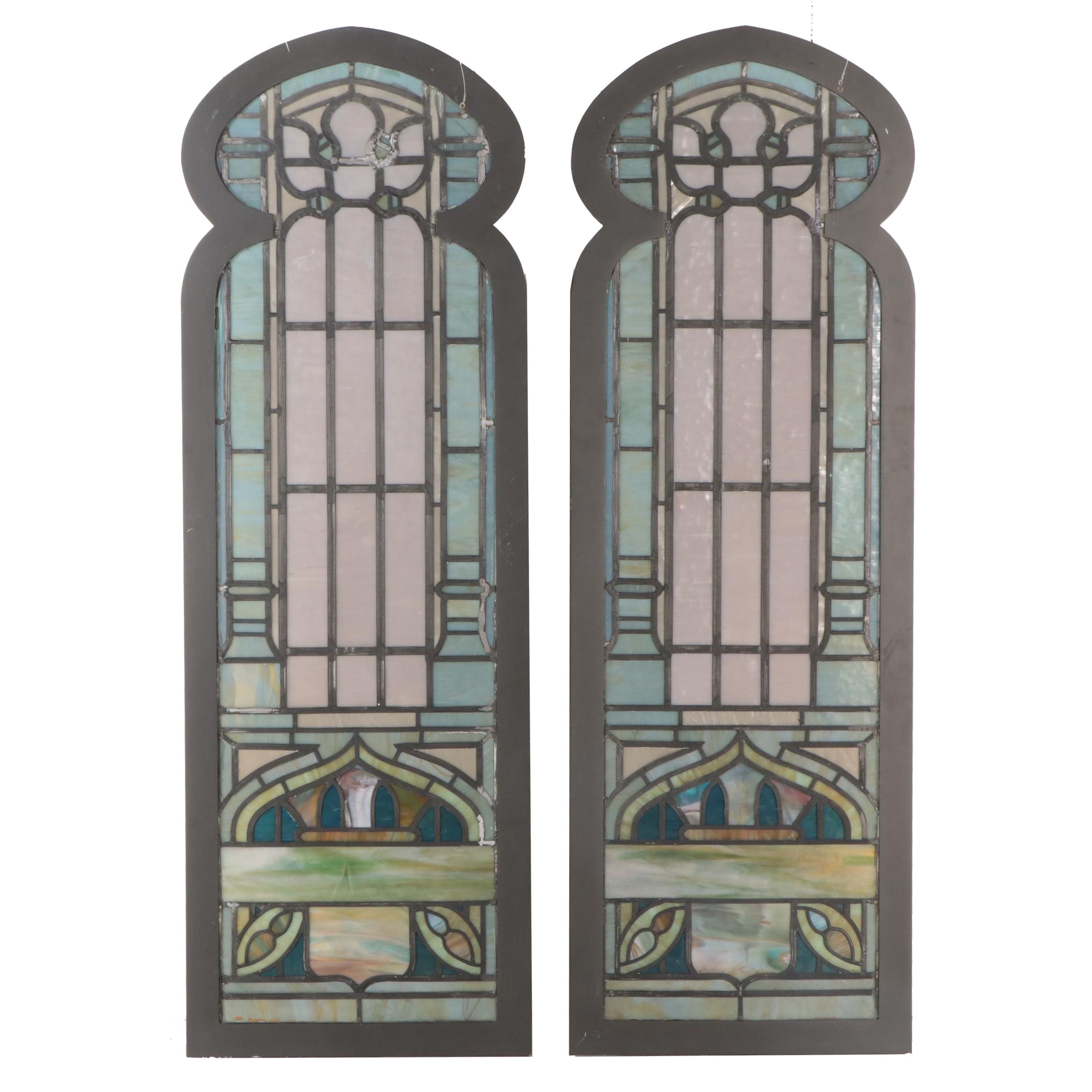 Art Nouveau Stained and Slag Glass Window Panels, Early 20th Century