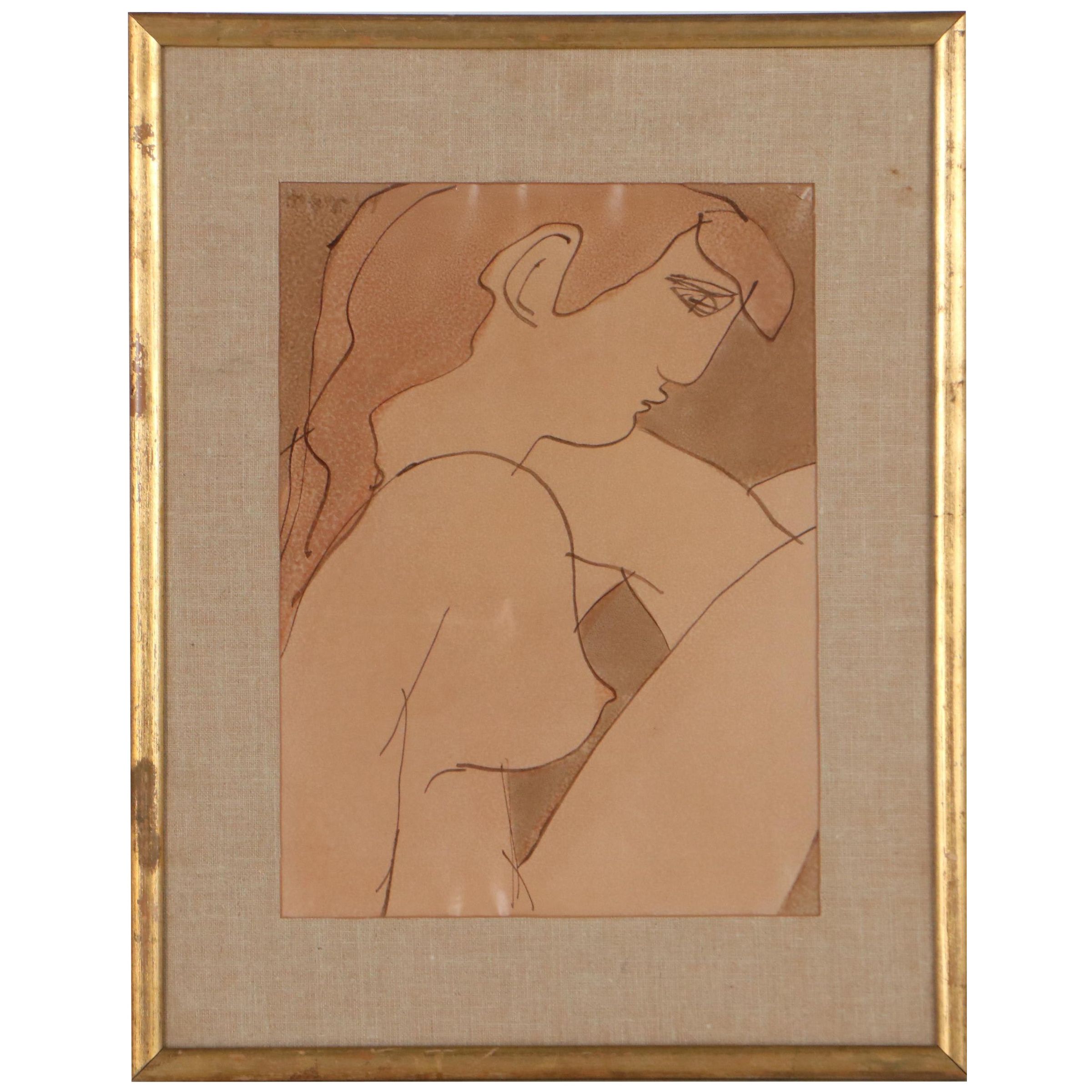 Ink Wash Painting of Seated Nude Woman