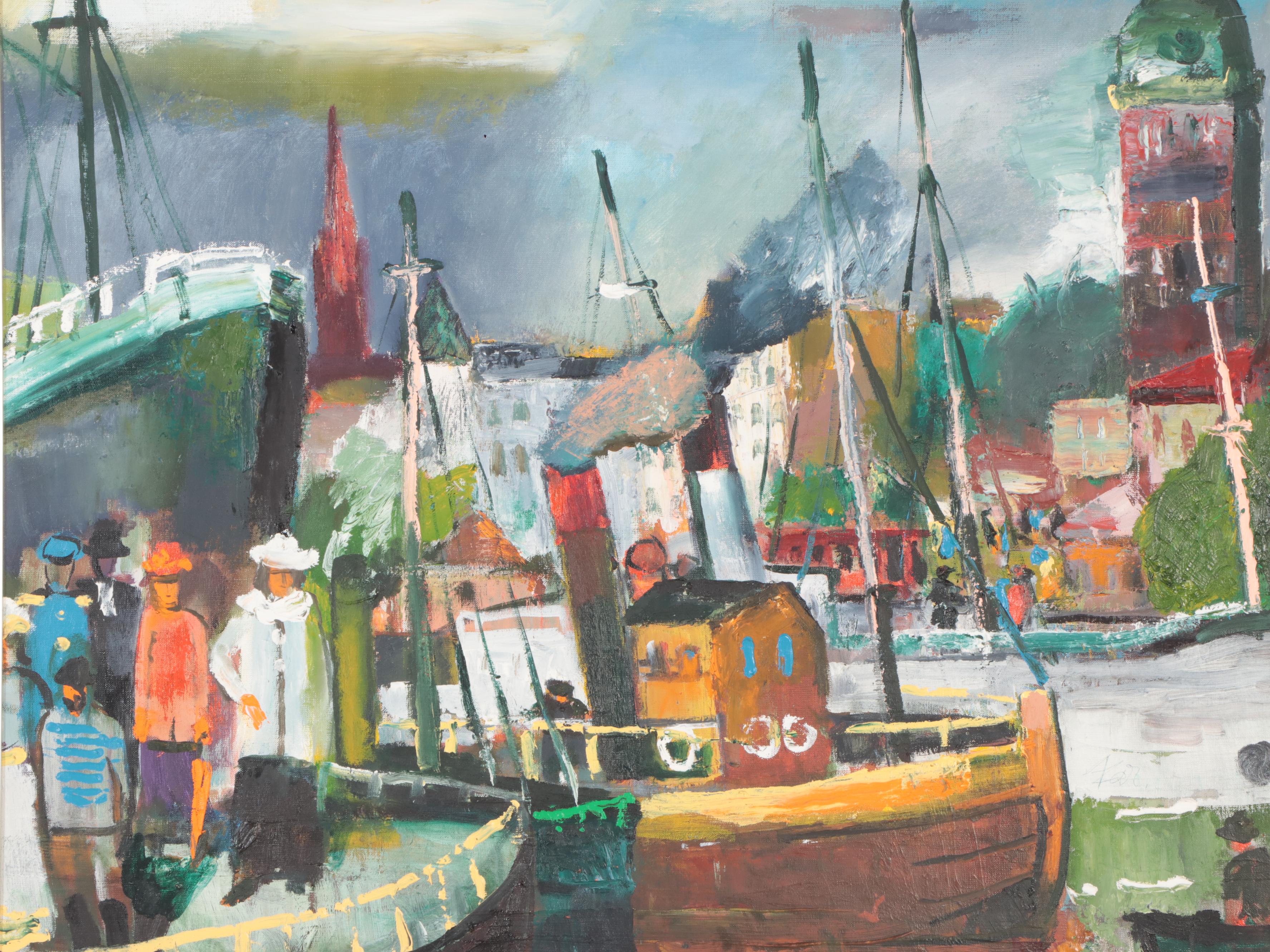 Modernist Style Oil Painting of a Harbor Scene, Mid-20th Century