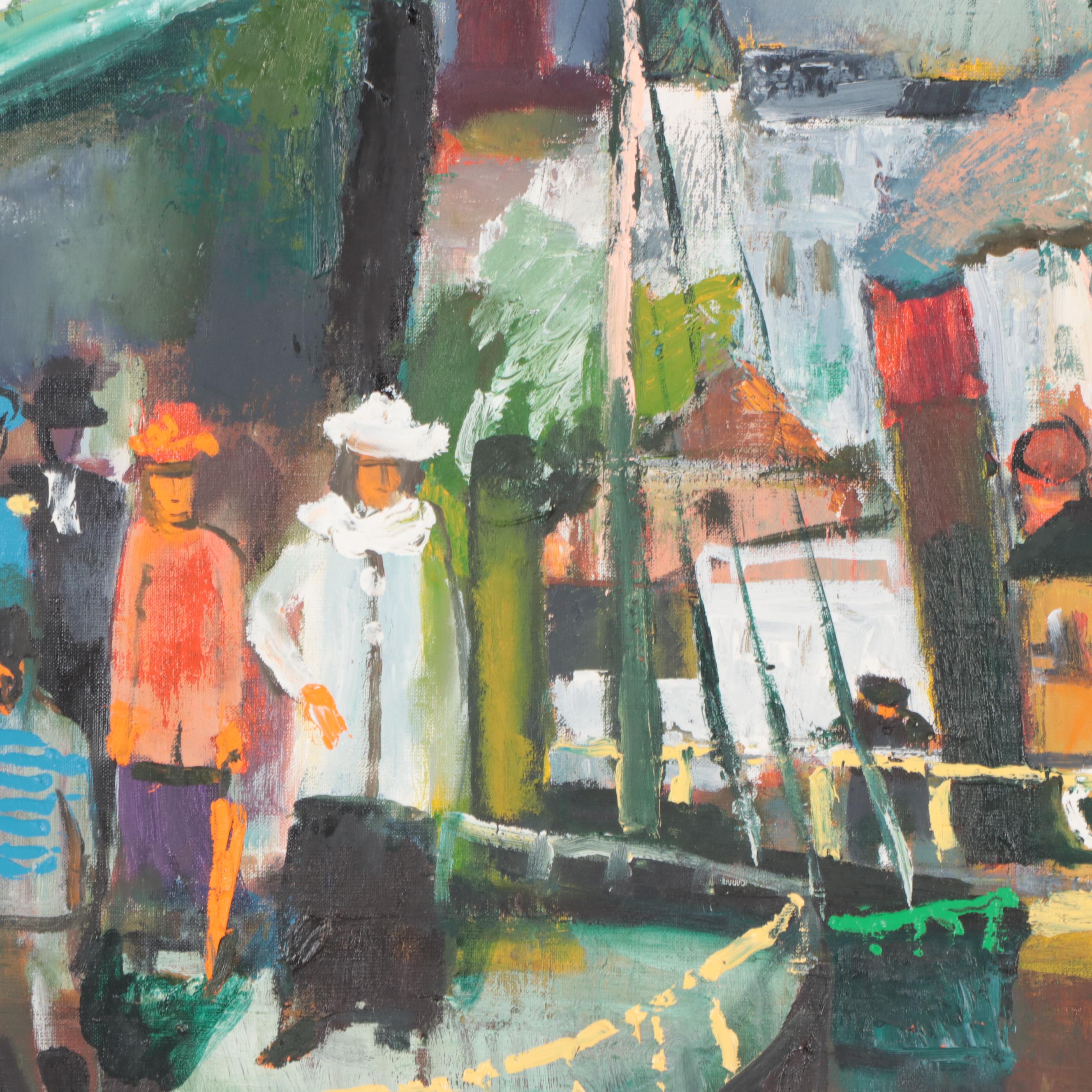 Modernist Style Oil Painting of a Harbor Scene, Mid-20th Century