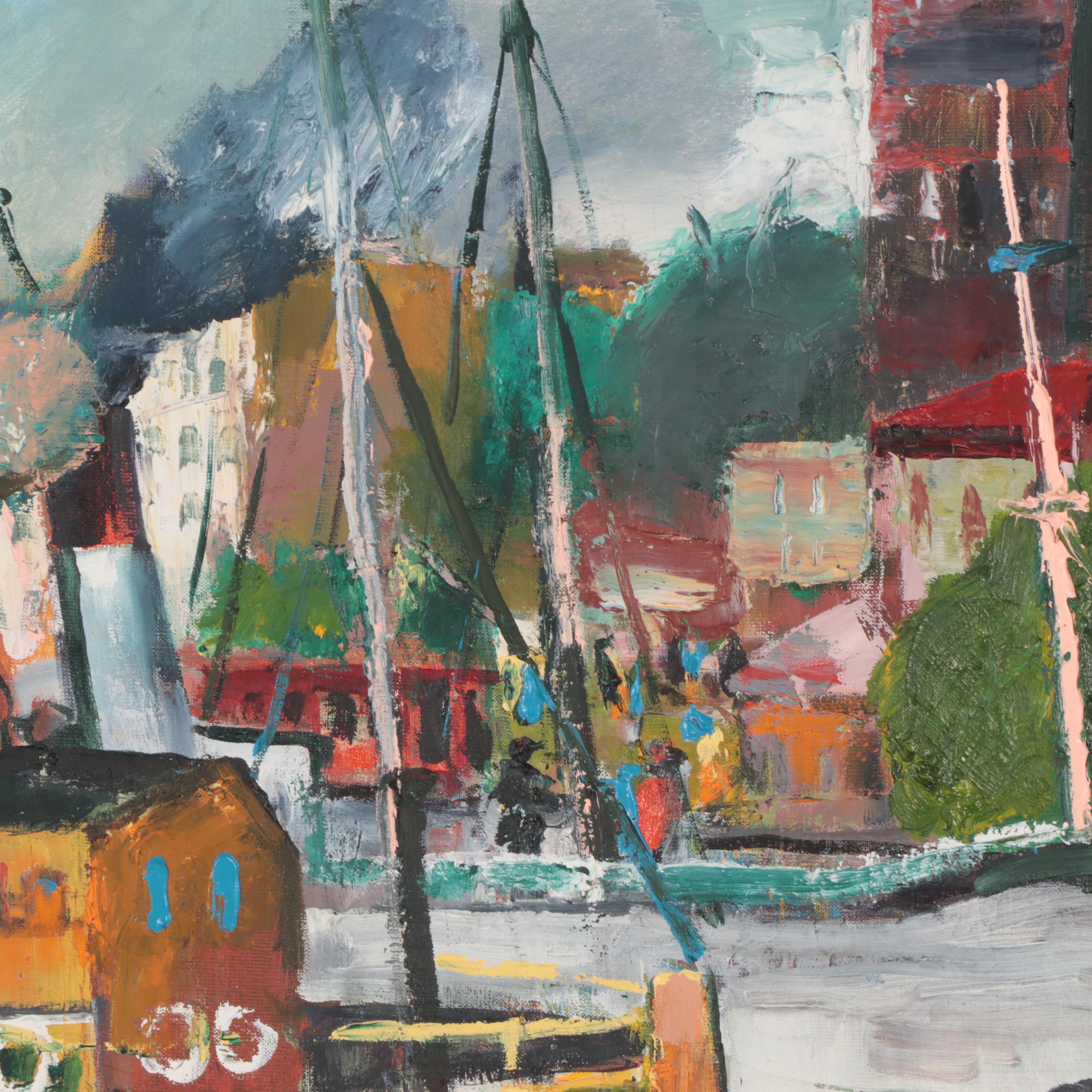 Modernist Style Oil Painting of a Harbor Scene, Mid-20th Century