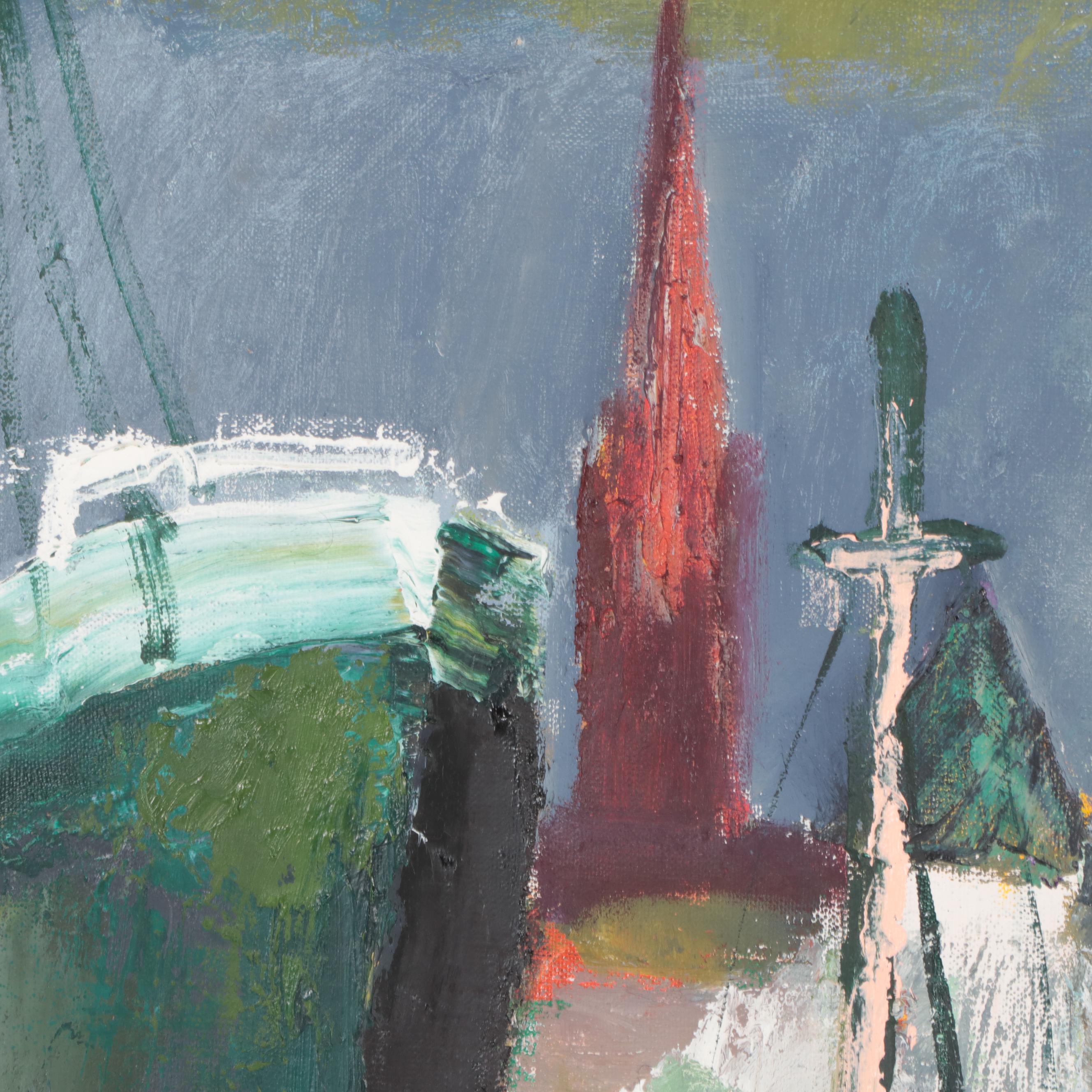 Modernist Style Oil Painting of a Harbor Scene, Mid-20th Century