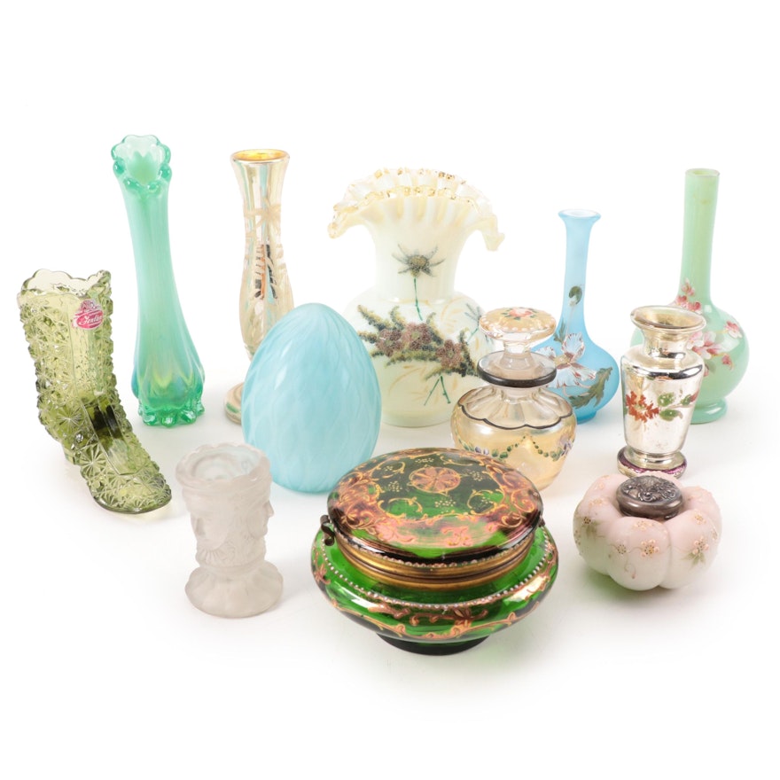 Bohemian Dresser Jar with Victorian Mercury and Other Glass Vases and Tableware