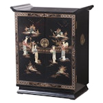 Chinese Black-Lacquered and Parcel-Gilt Silver Cabinet with Figural Appliqués