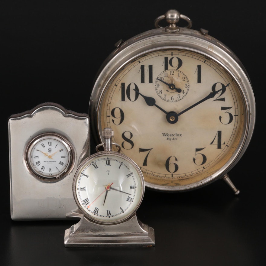 Ari D Norman Sterling Silver Desk Clock with Other Desk Clocks