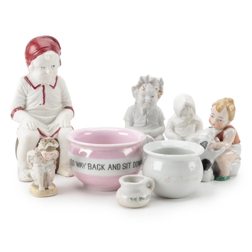 German Victorian Bisque and Porcelain Potty Babies and Miniature Chamber Pots