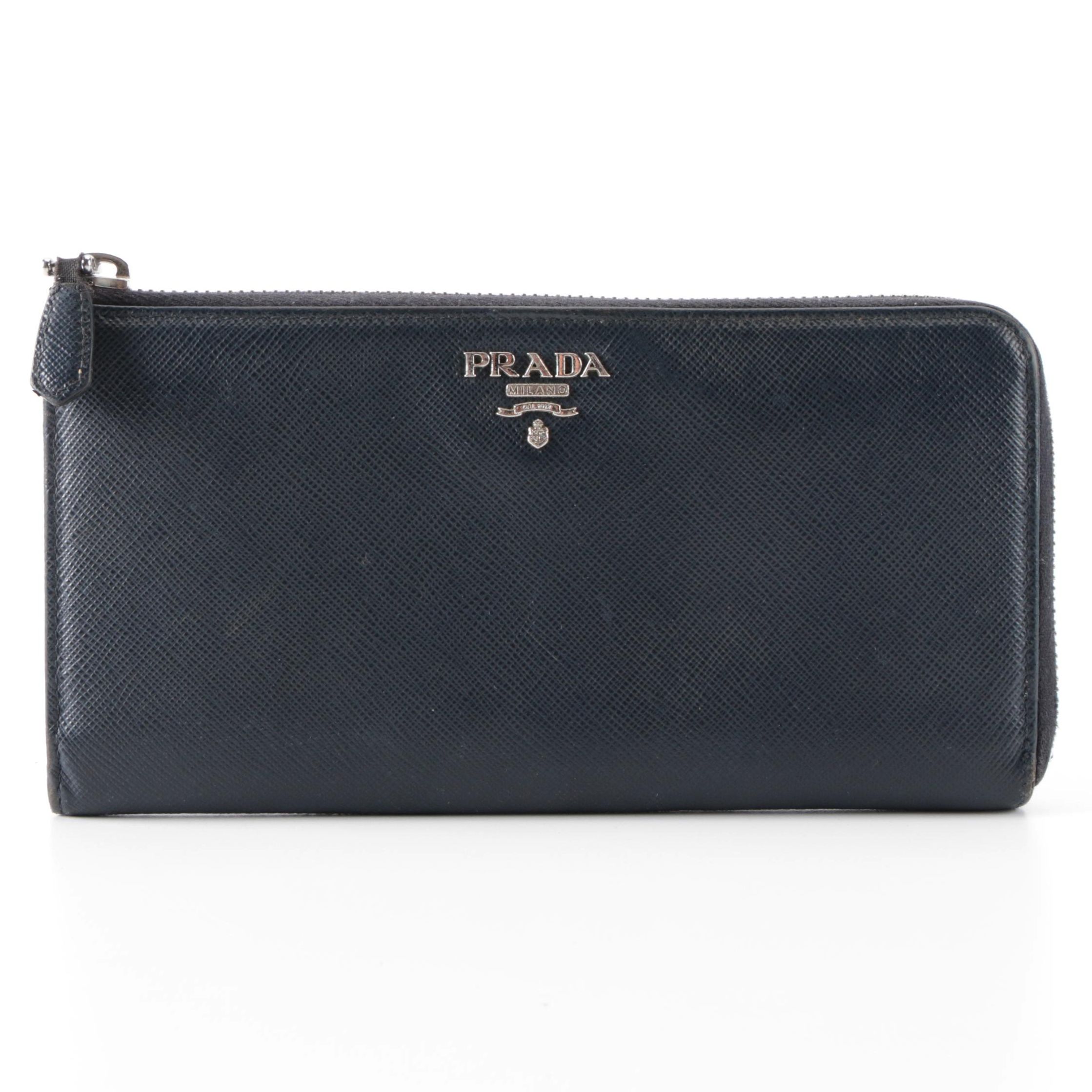 Prada Zippered Continental Wallet in Blue Saffiano Leather