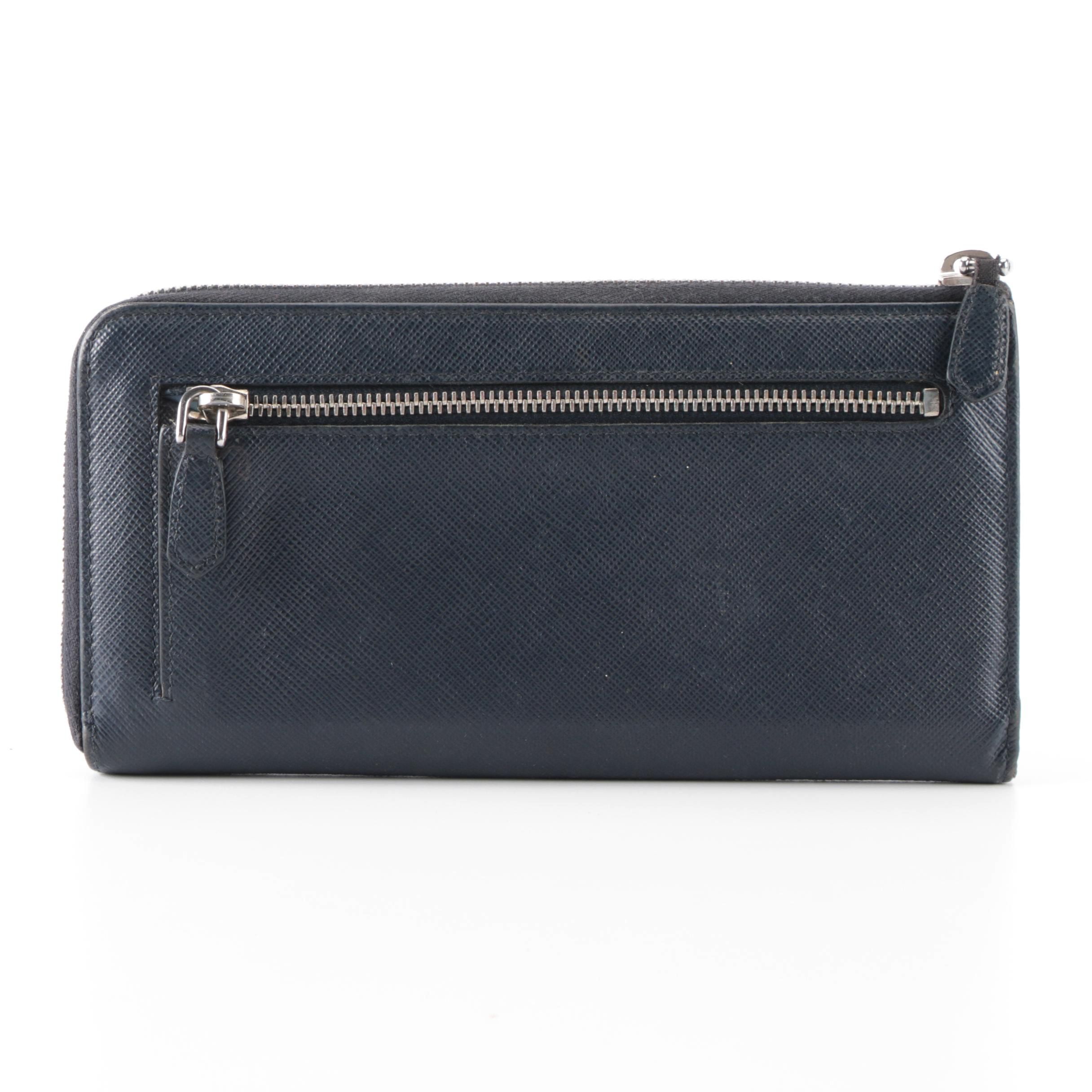 Prada Zippered Continental Wallet in Blue Saffiano Leather