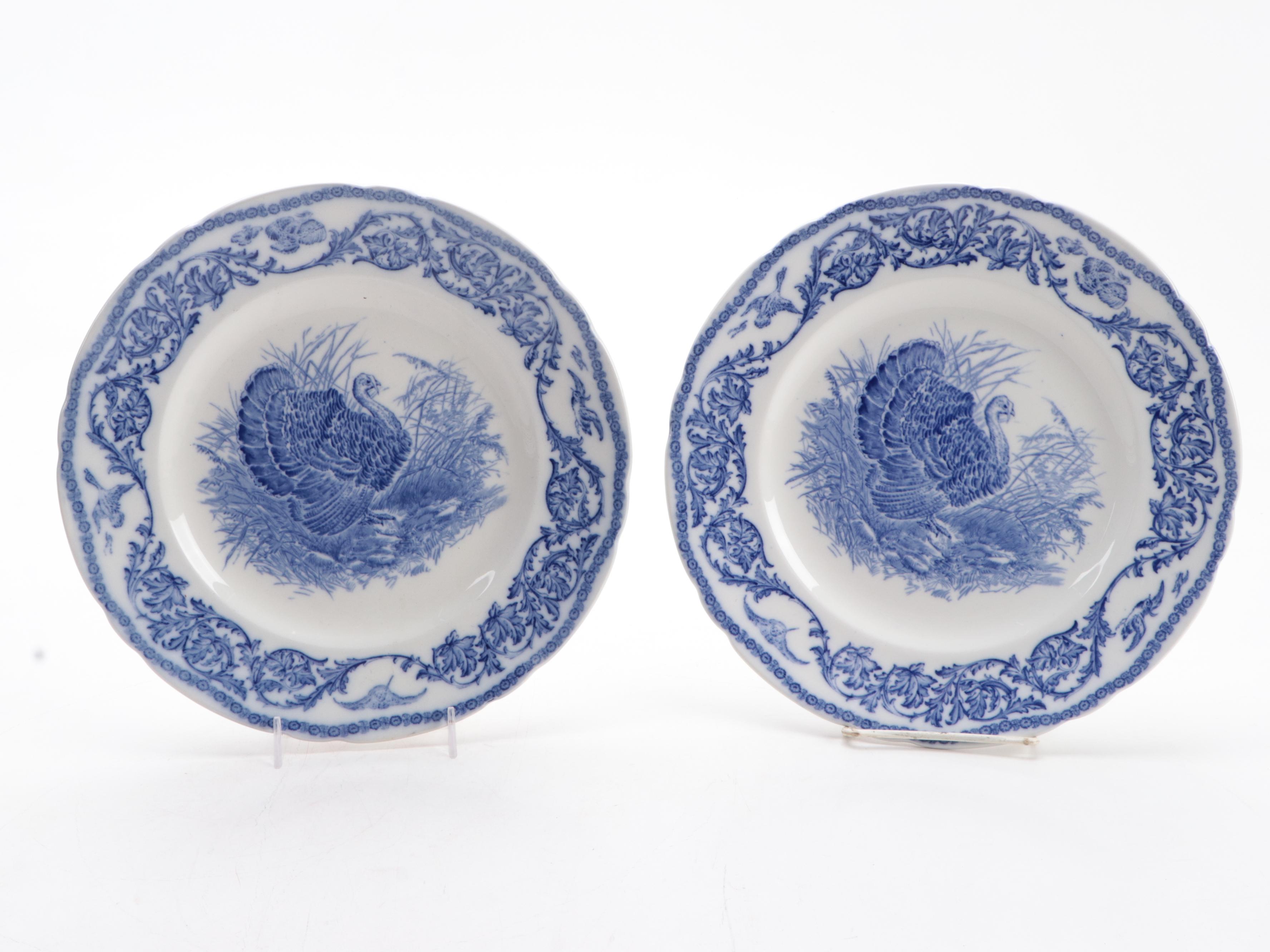 Royal Cauldron Flow Blue Porcelain Turkey Platter and Plates, 20th Century