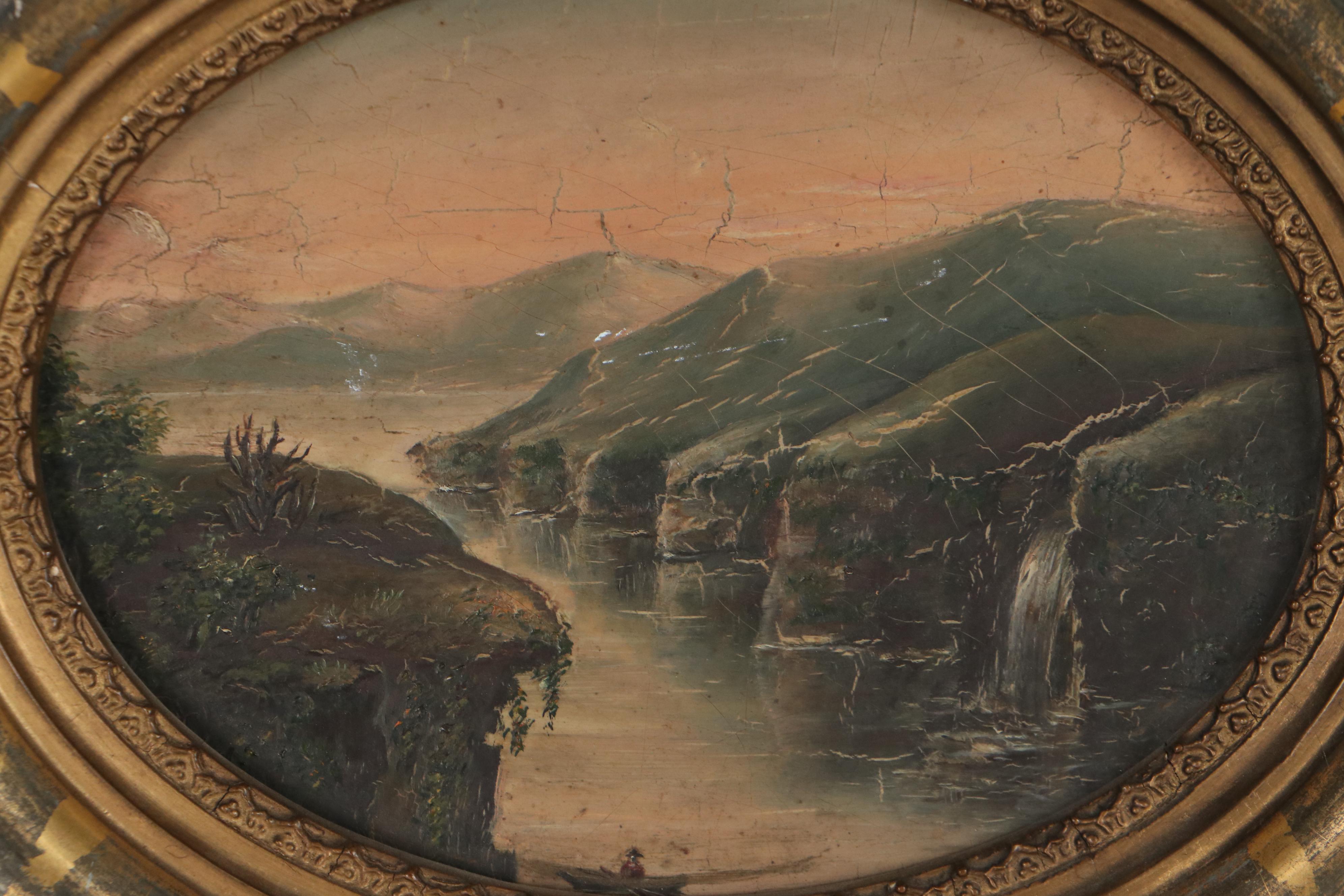 Landscape Oil Painting of River and Mountains, Late 19th Century