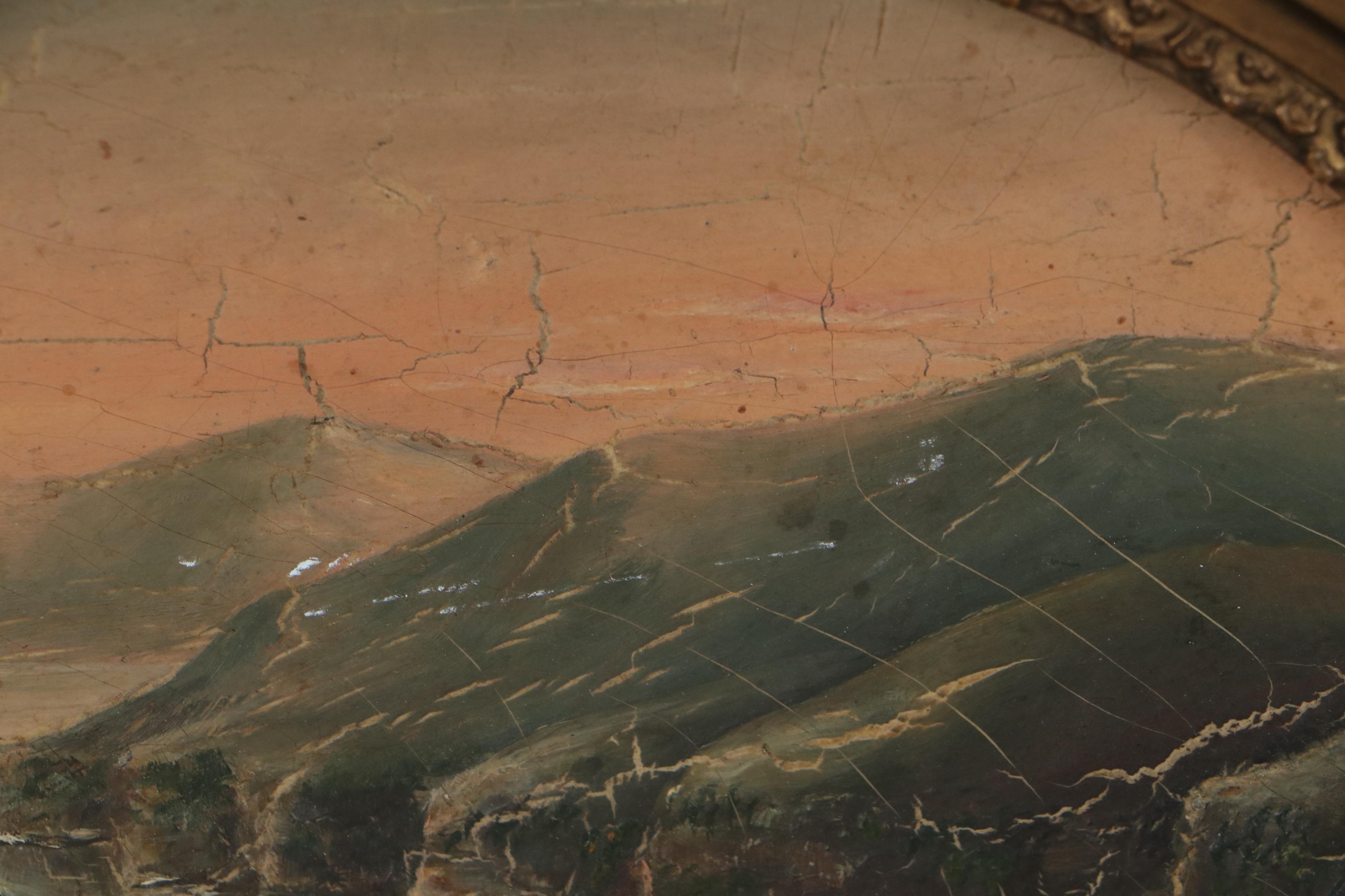 Landscape Oil Painting of River and Mountains, Late 19th Century