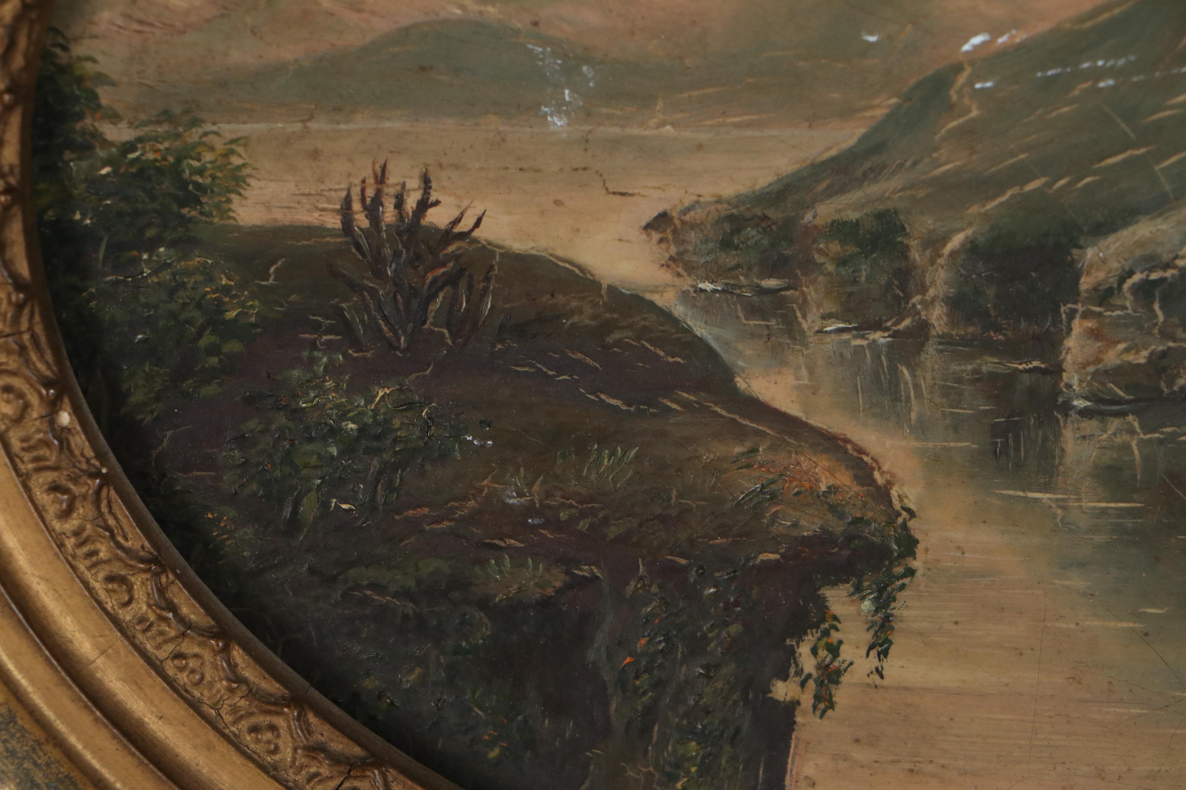 Landscape Oil Painting of River and Mountains, Late 19th Century