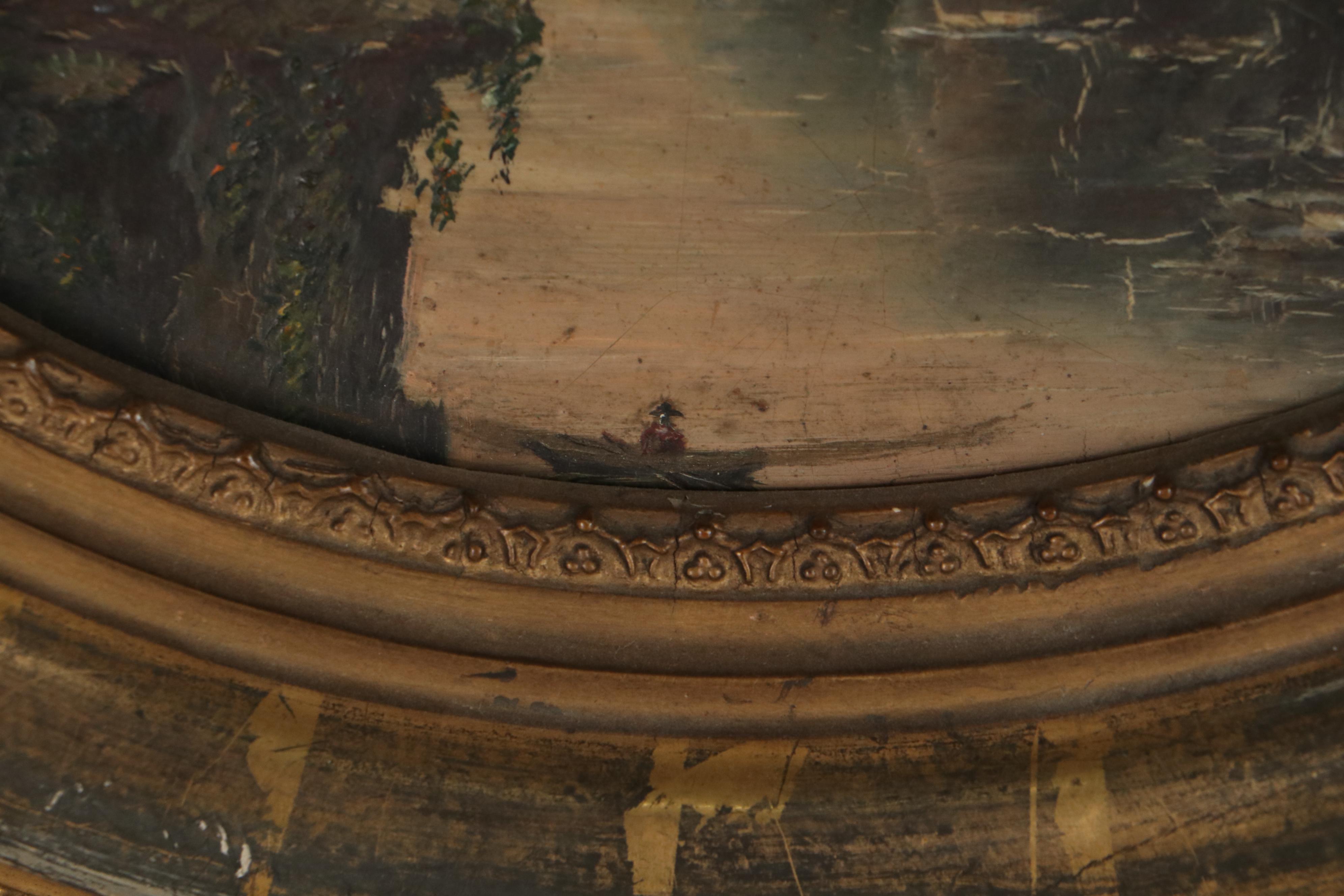 Landscape Oil Painting of River and Mountains, Late 19th Century