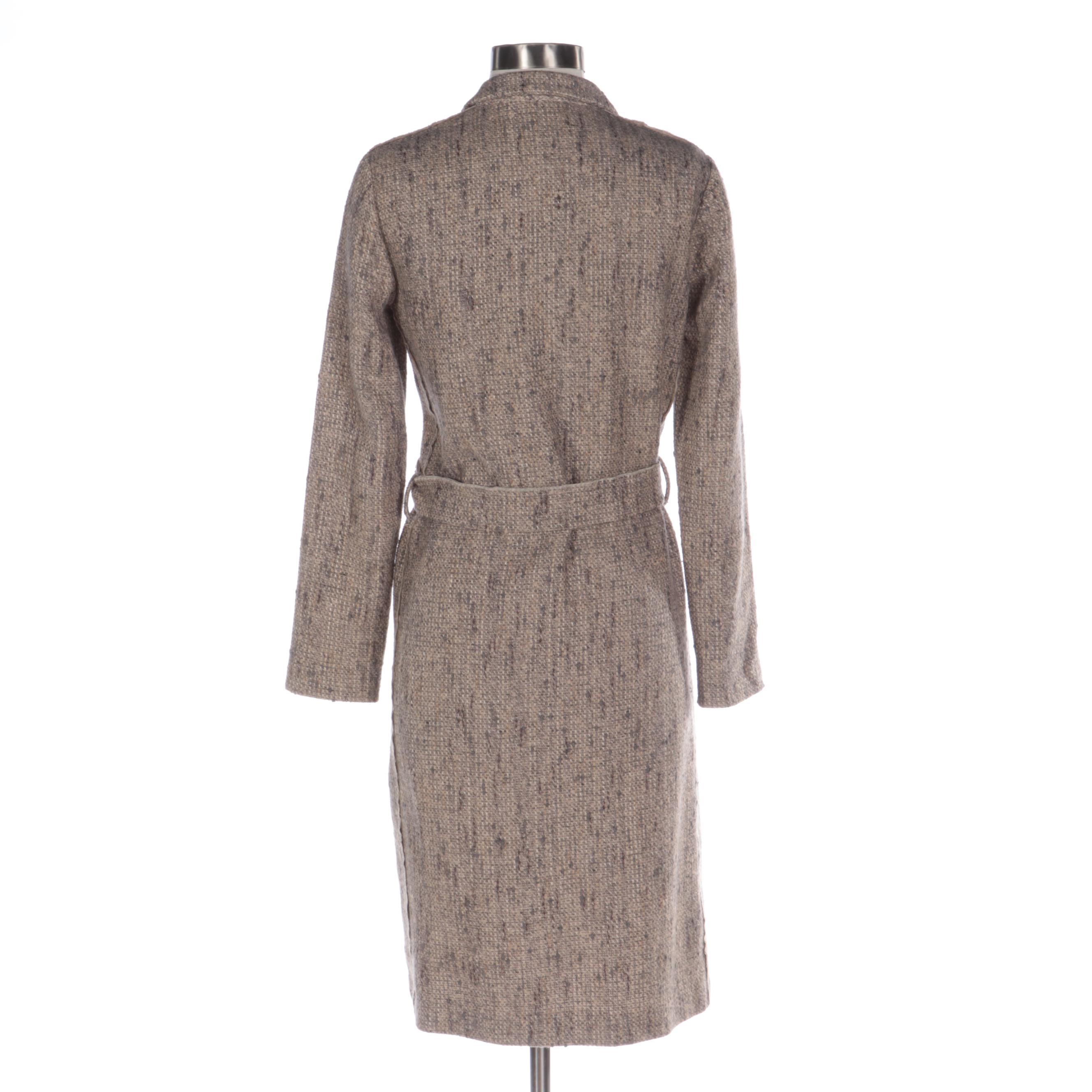 Prada Bouclé Tweed Coat with Notched Collar, Belt, and Leather Trim
