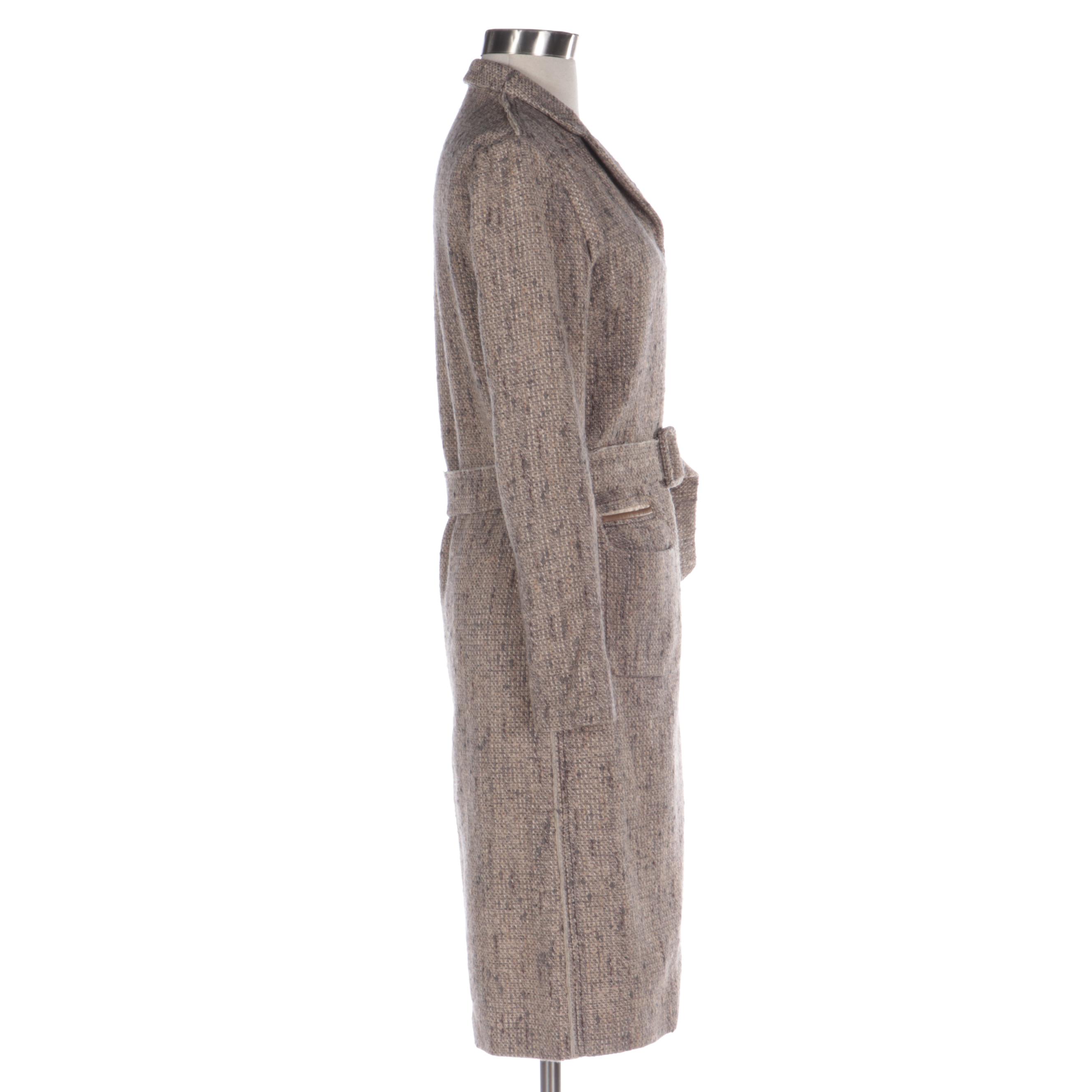 Prada Bouclé Tweed Coat with Notched Collar, Belt, and Leather Trim