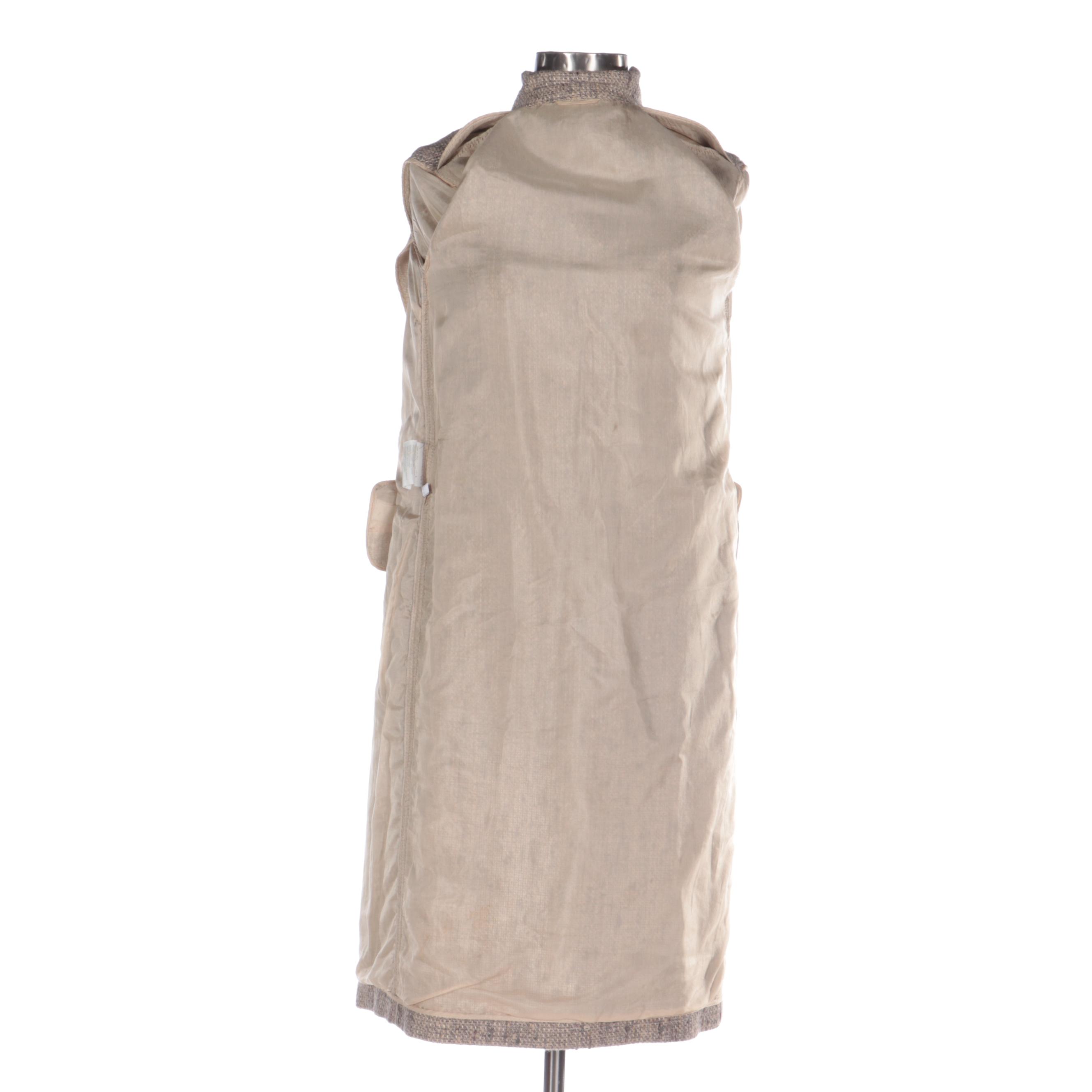 Prada Bouclé Tweed Coat with Notched Collar, Belt, and Leather Trim