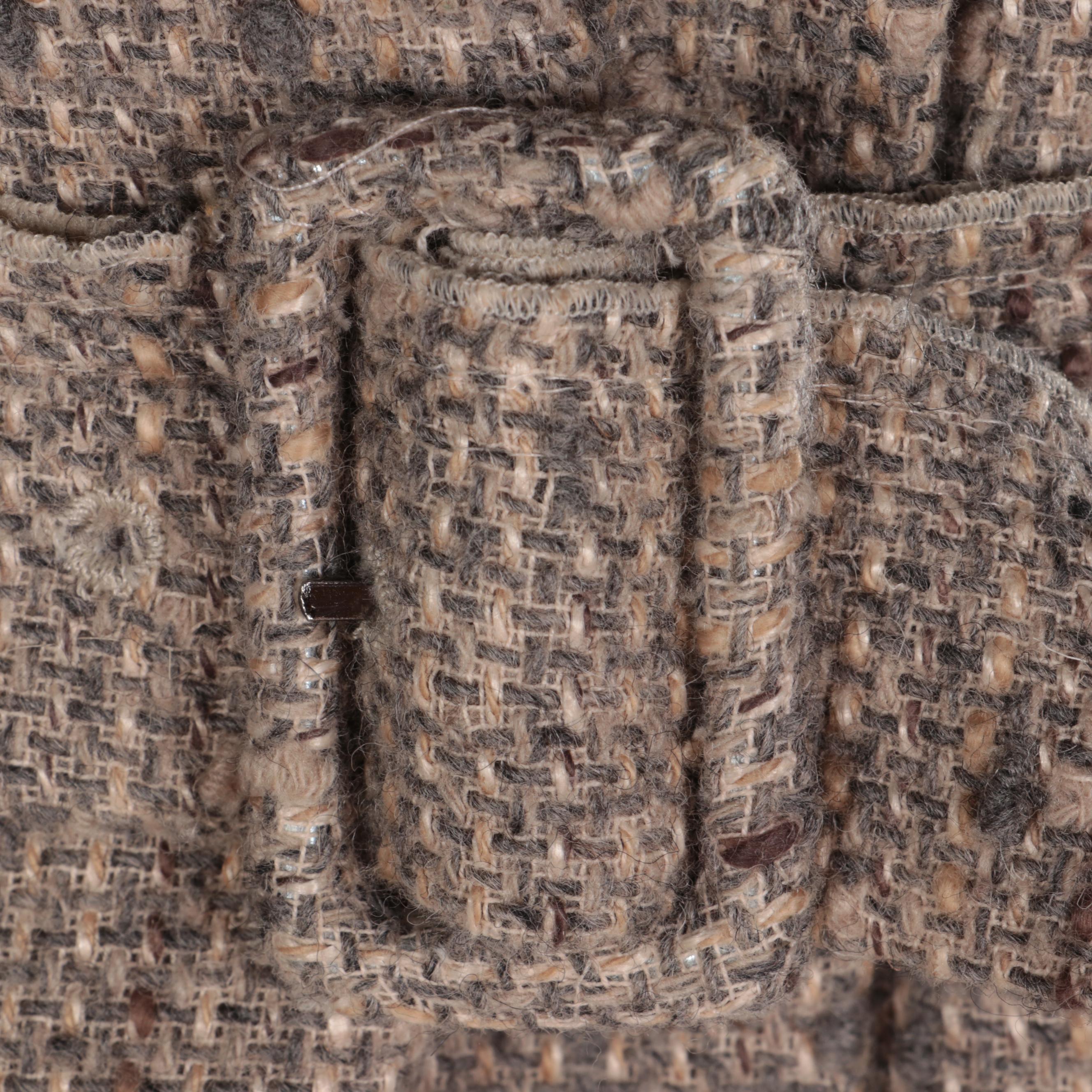 Prada Bouclé Tweed Coat with Notched Collar, Belt, and Leather Trim