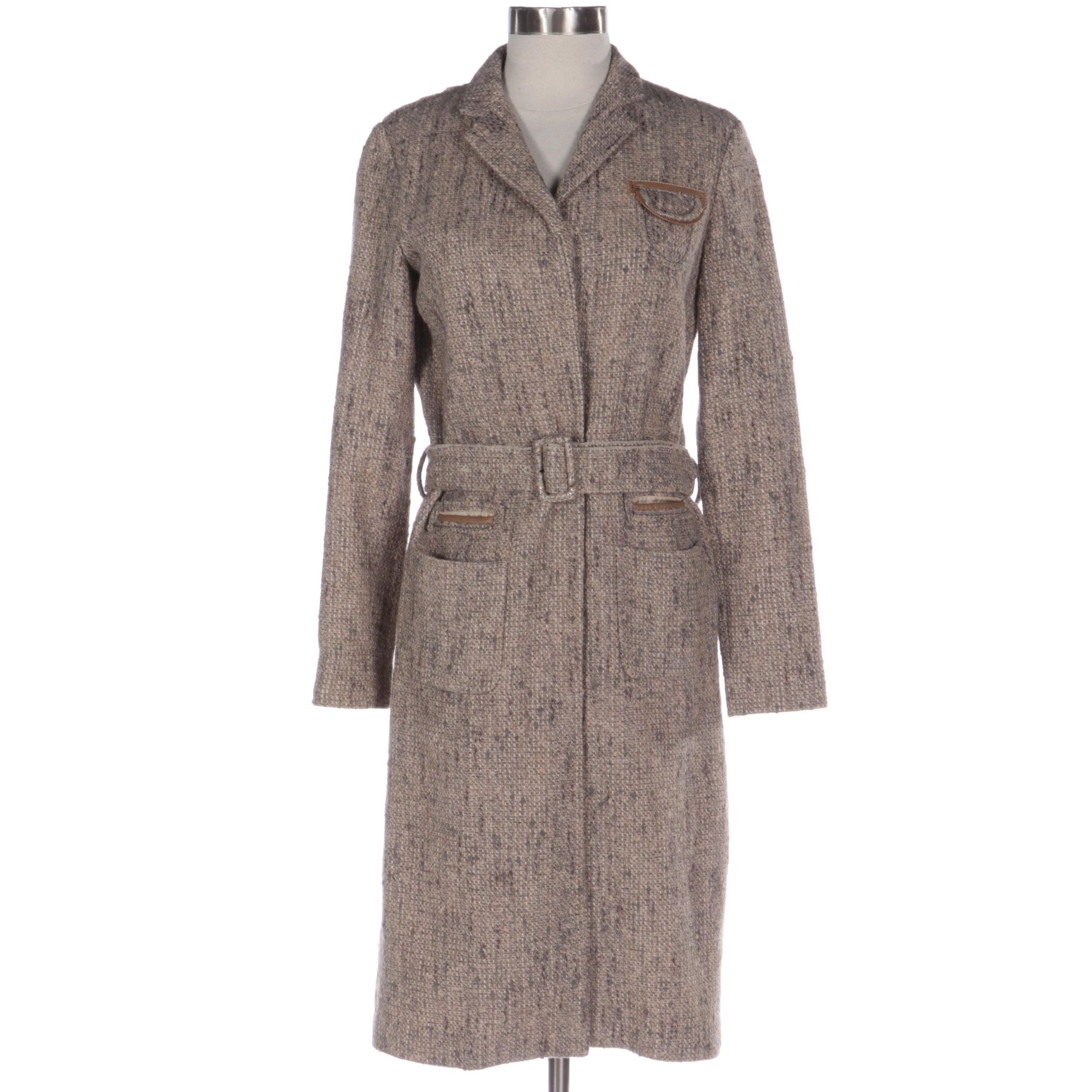 Prada Bouclé Tweed Coat with Notched Collar, Belt, and Leather Trim