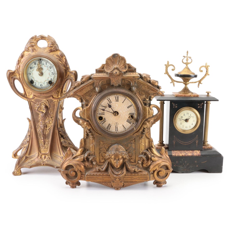 New Haven Clock Co. and Other Art Nouveau and Empire Style Gilt Bronze Clocks