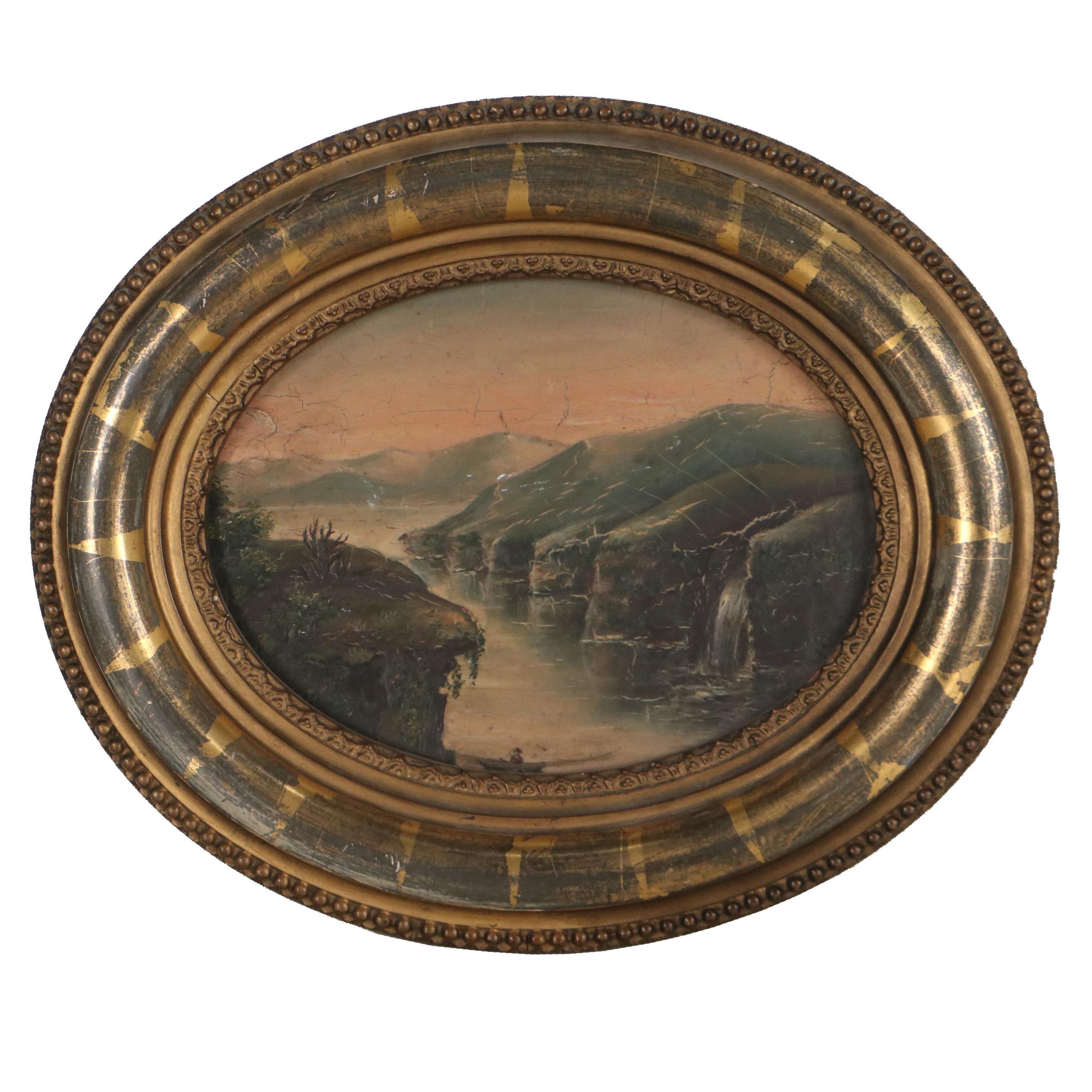Landscape Oil Painting of River and Mountains, Late 19th Century