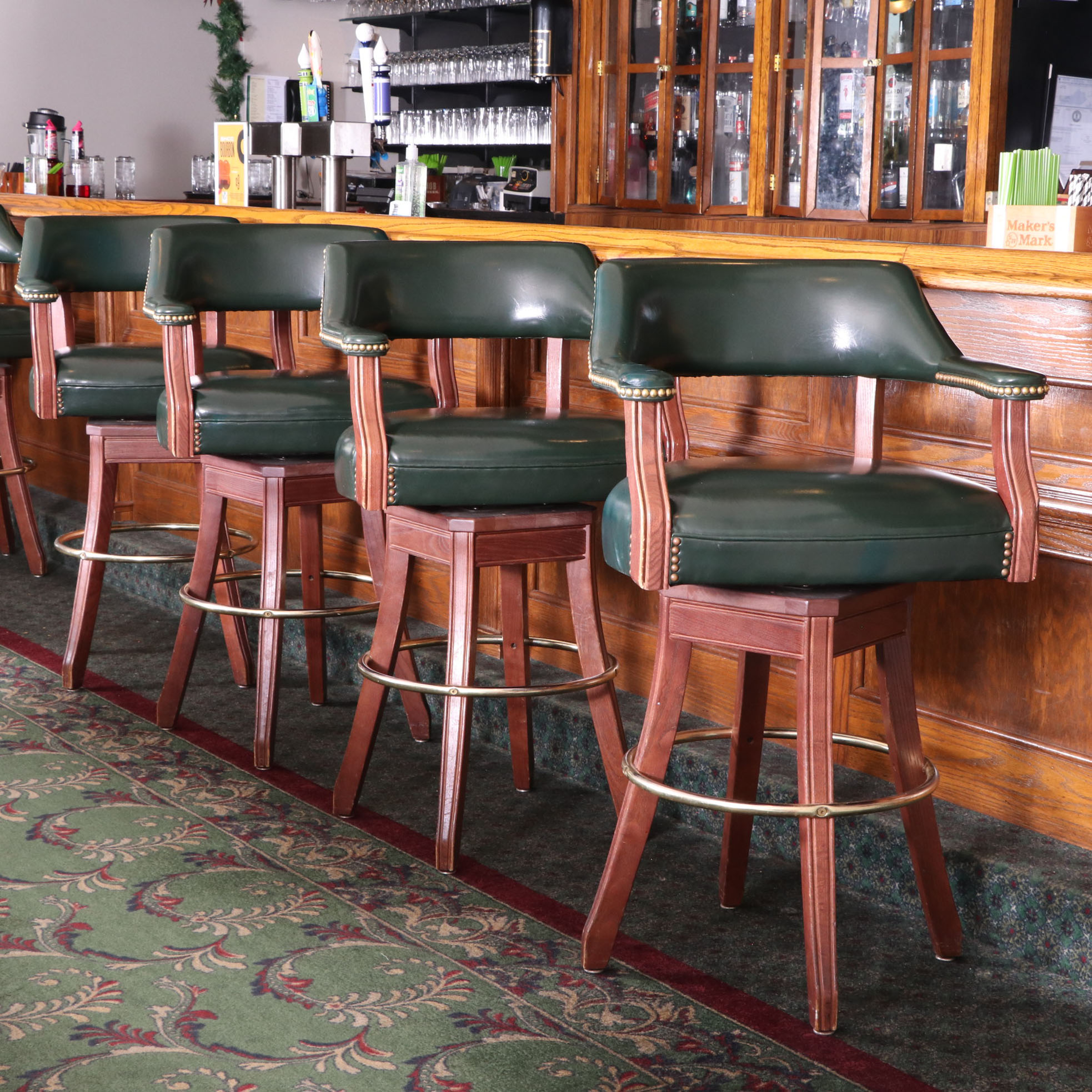 Four Gasser Chair Co. Green Vinyl Upholstered Barstools with Brass Nailhead Trim